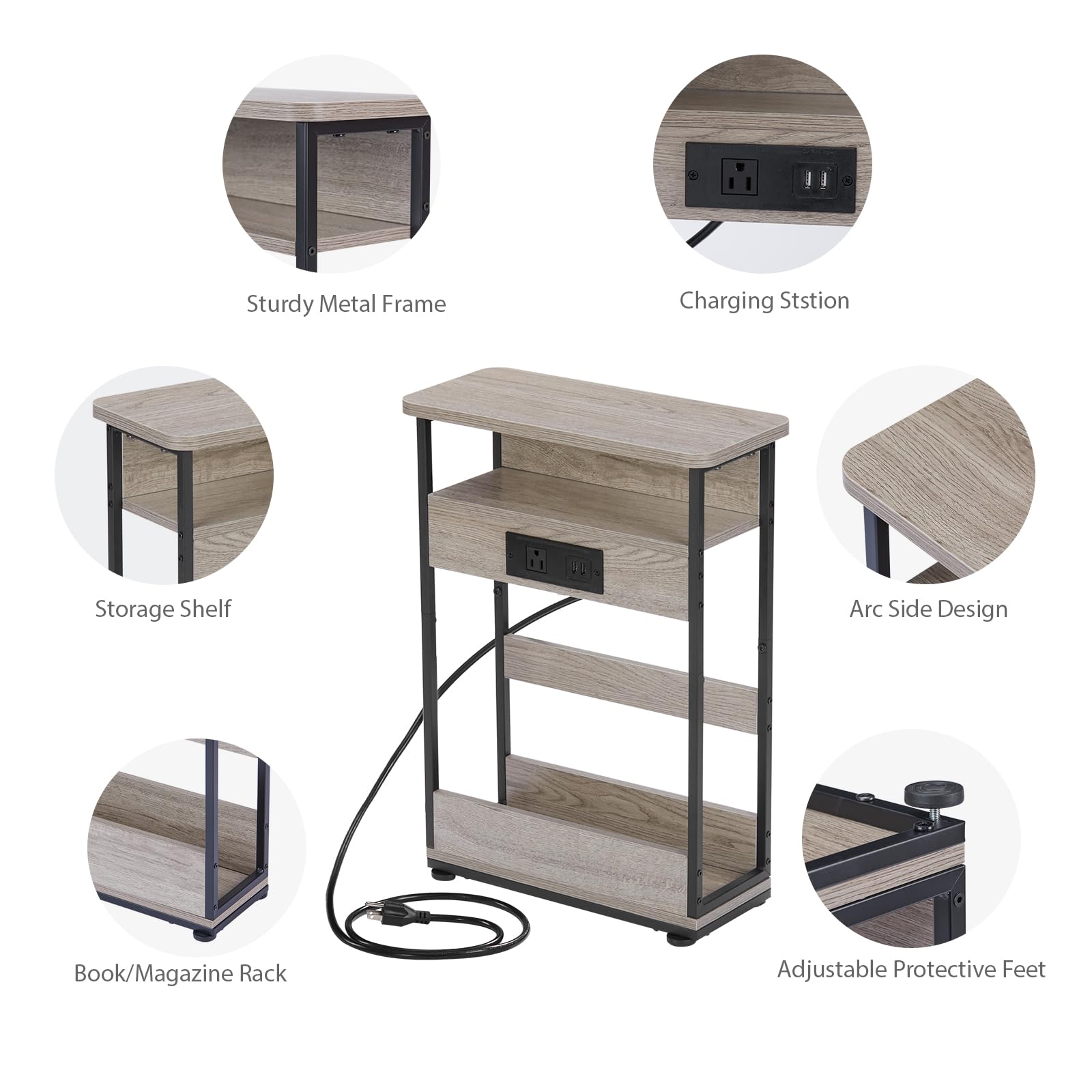 YEAKOO Narrow Side Table with Charging Station, 3-Tier End Table with 2 USB Ports & Power Outlets,Thin Sofa Side Table for Narrow and Small Spaces, Bedside Table Nightstand for Living Room,Black