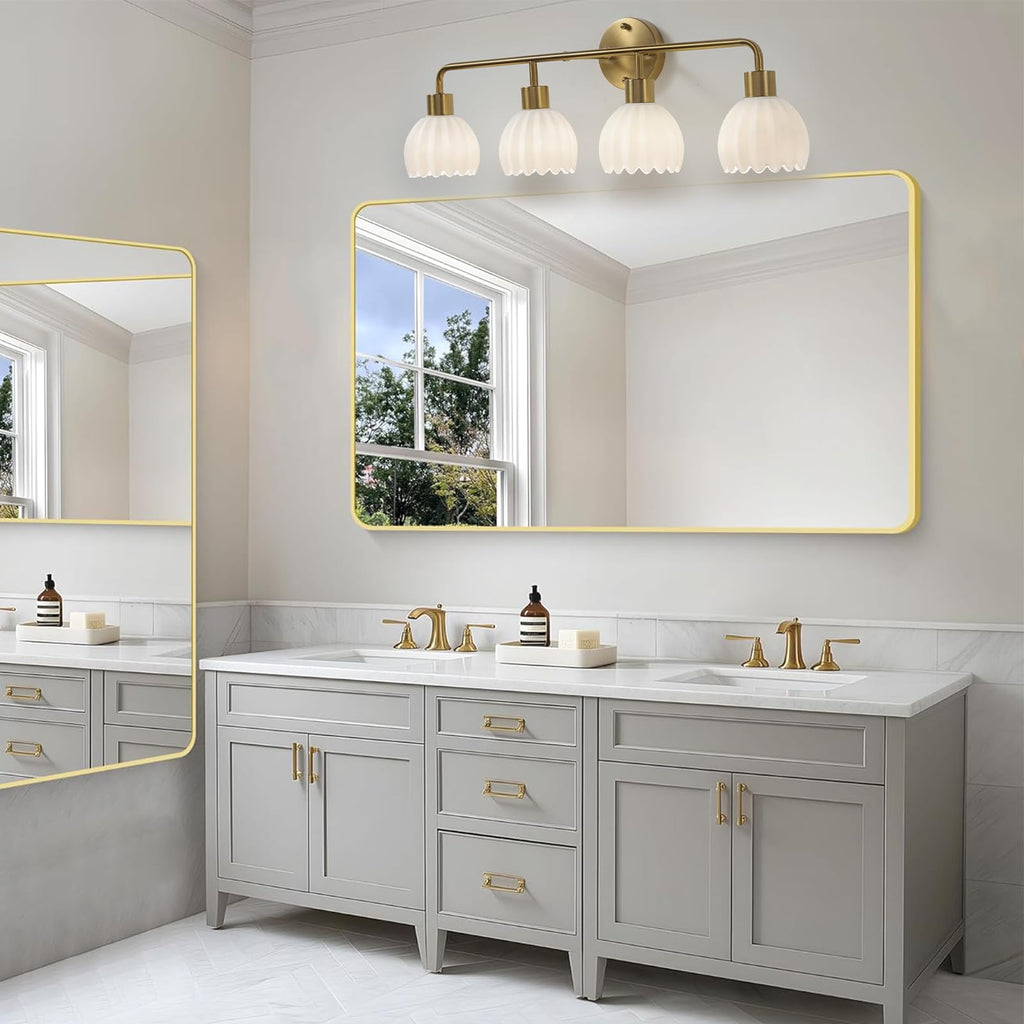 1-Light Gold Brass Bathroom Light Fixture,Wall Sconces set of 2,Brushed Gold Vanlity Light Over Mirror,Bathroom Vanity Light with White Tulip Glass Flower Shade,E26 Socket(Bulbs Not Included)