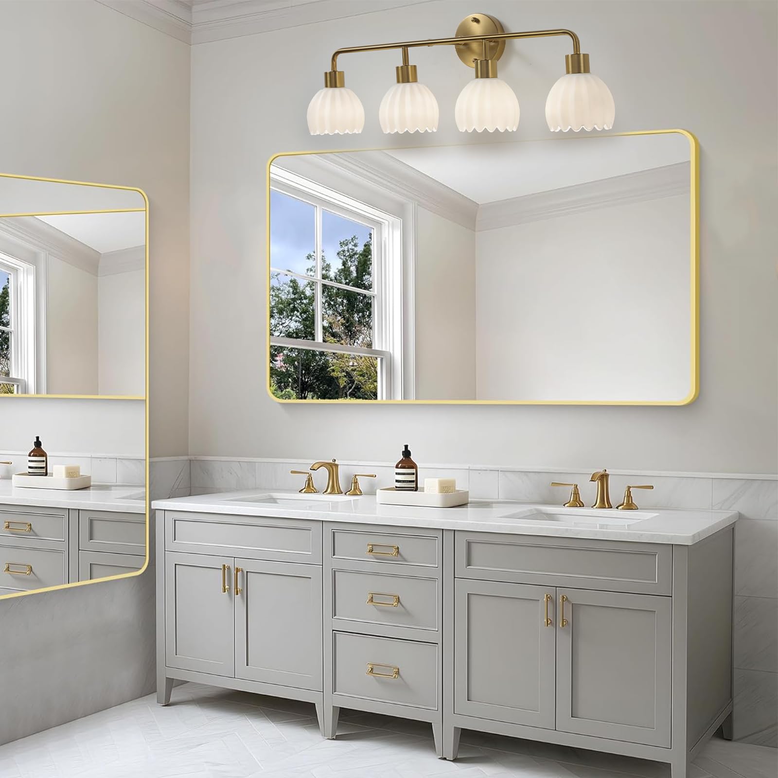 1-Light Gold Brass Bathroom Light Fixture,Wall Sconces set of 2,Brushed Gold Vanlity Light Over Mirror,Bathroom Vanity Light with White Tulip Glass Flower Shade,E26 Socket(Bulbs Not Included)
