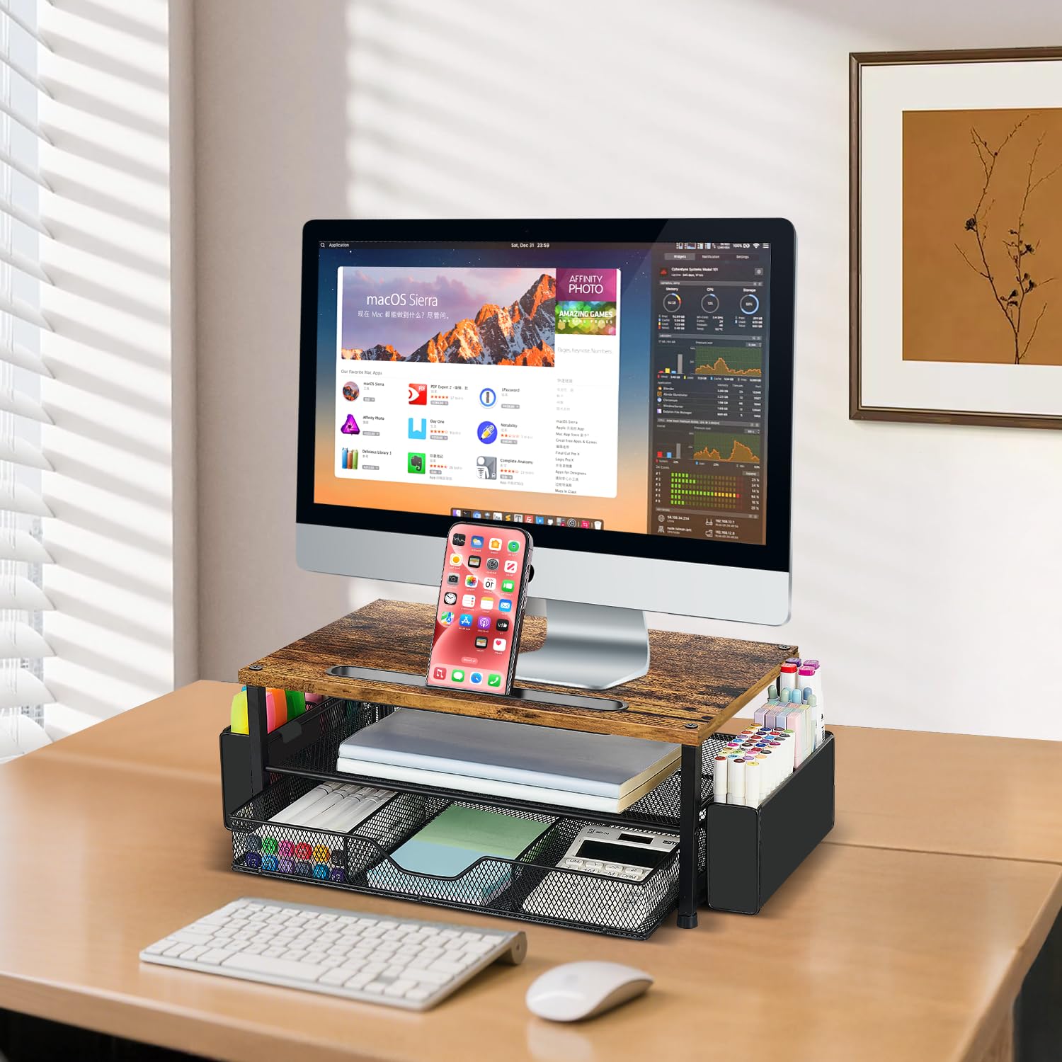 AUPSEN 2 Tier Computer Monitor Stands with Drawer and 2 Pencil Holder, Metal Monitor Stand Monitor riser, Computer Desk Organizer and Accessories for Laptop, Computer, Printer, Office Supplies(Black)