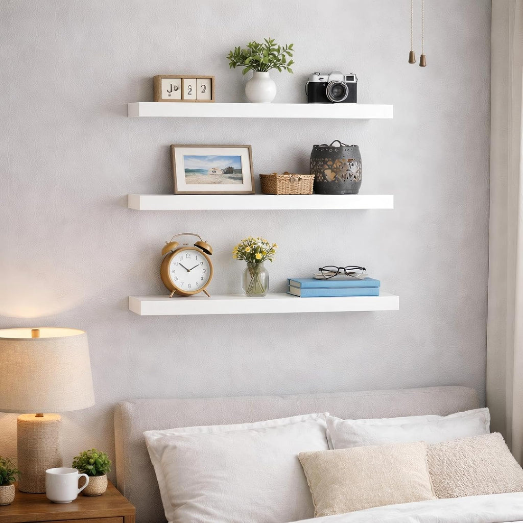BAYKA White Floating Shelves for Wall, 22.5 inches Wall Mounted Rustic Wood Shelves for Bathroom, Bedroom, Living Room, Floating Shelves for Books/Storage/Decor (Set of 3)