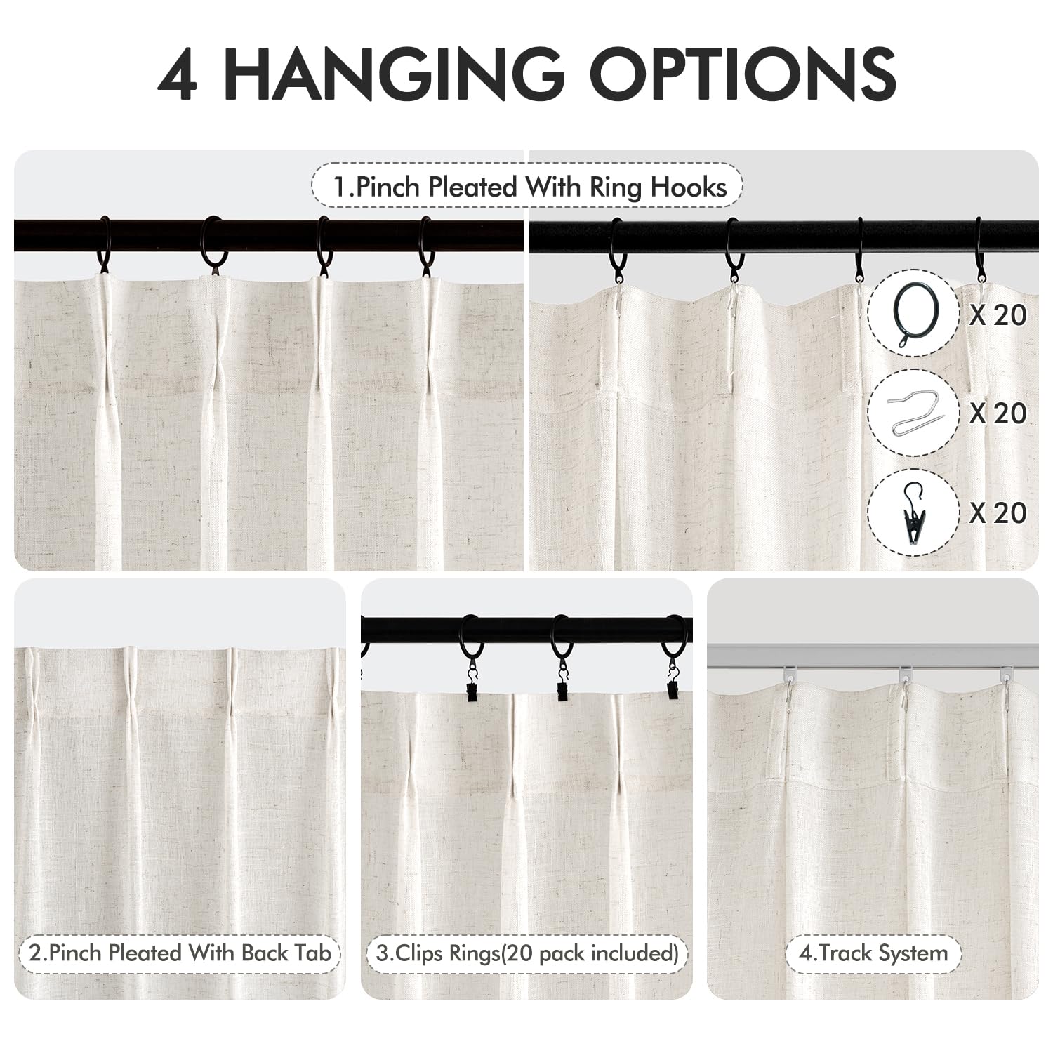 MIULEE Pinch Pleated Linen Curtains 84 Inches Long 2 Panels for Bedroom Living Room, Soft Thick Linen Textured Window Drapes Back Tab Hooks Semi Sheer Light Filtering Farmhouse，Beige