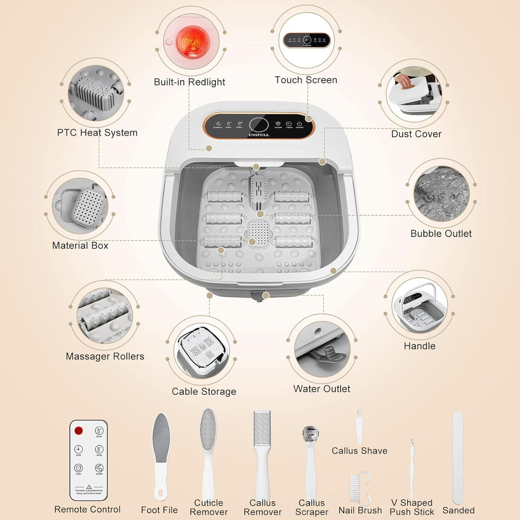 UNIFULL Collapsible Foot Spa Bath with Heat, Touch Screen, Remote Control, Massage Rollers, Timer, Bubble, Foot Pedicure Kit, Temperature Control Pedicure Foot Spa, Foot Bath