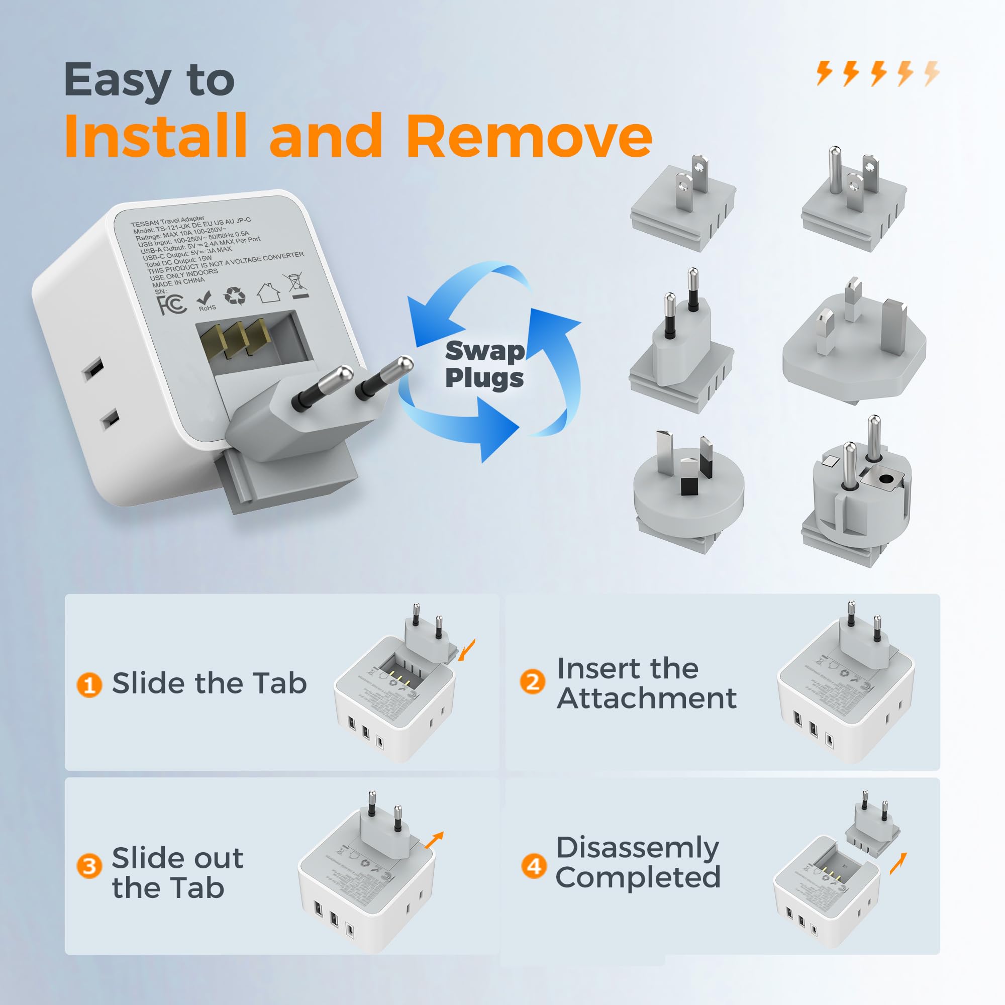 TESSAN 6-in-1 European UK Travel Plug Adapter Kit | 3 USB (1 USB C), 3 AC Outlets, Supports Type C, G, E/F, I, A, B, US to Europe UK Italy Australia Japan