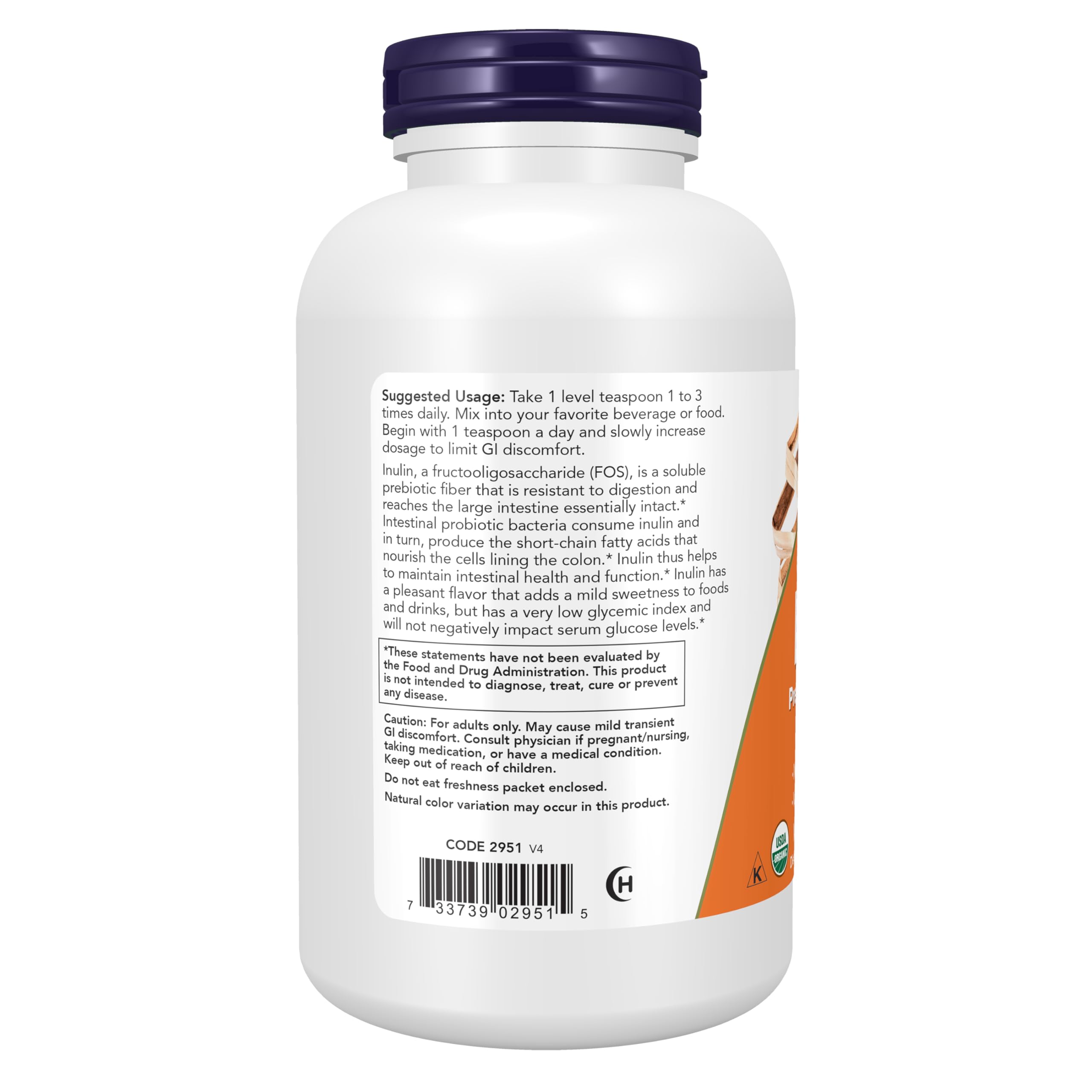 NOW Foods Suplementos, polvo puro prebiótico de inulina, certificado orgánico, proyecto verificado sin OMG, soporte intestinal*, 1 libra