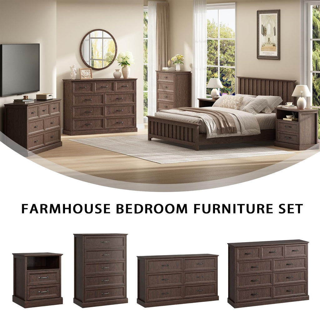 Farmhouse 5 Drawers Dresser for Bedroom, 44" Tall Brown dresser Wood Rustic Chest of Drawers with Wide Metal Handle,Natural Texture,Drawer Organizer for Bedroom,Living Room,Hallway and Entryway