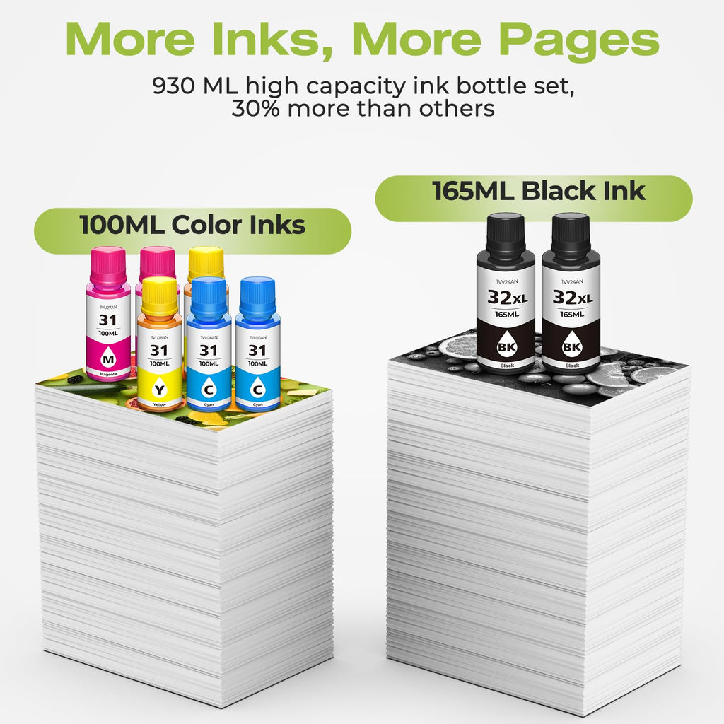 31 Ink 32XL Black Ink Bottle Set, Smart Tank 5101 7602 6001 5000 Refill Compatible with HP 31 32XL Ink Bottles Set for Smart Tank 651 5101 5000 7602 5103 6001 7301 7001 7302 5102 7002 7006 Printers