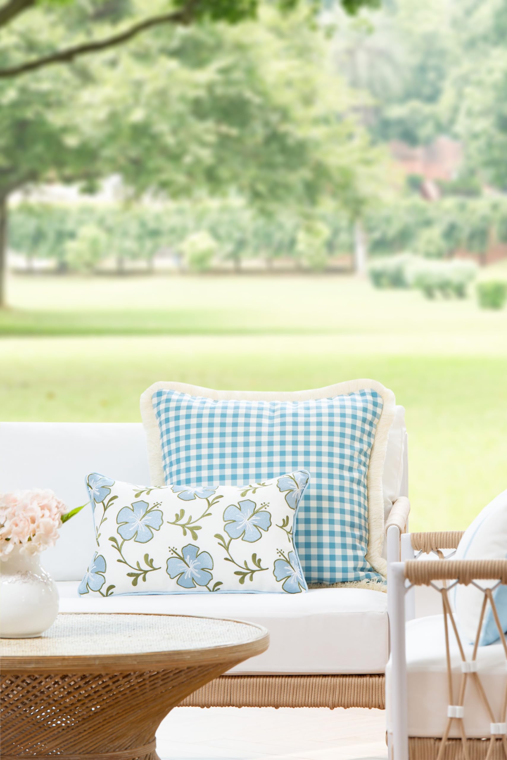 Hofdeco Premium Coastal Patio Indoor Outdoor Lumbar Pillow Cover Only, 12"x20" Water Repellent for Backyard, Couch, Baby Blue Green Floral with Piping