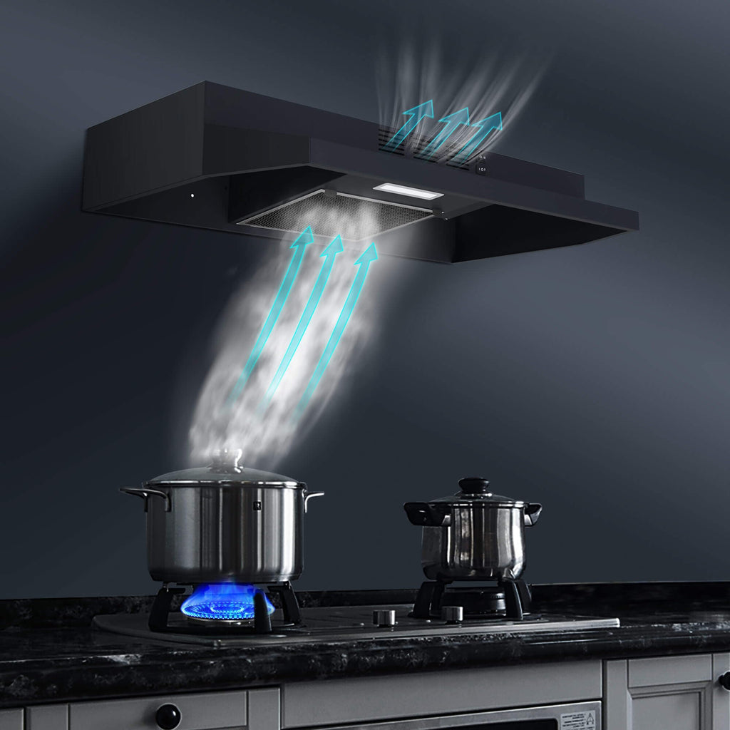 SNDOAS Black Range Hood 24 inch,Ducted/Ductless Range Hood Under Cabinet,Black Coating Stainless Kitchen Exhaust Hood with 2-speed Fan,230 CFM,Rocker Switch,Hard-wired Stove Vent, Ventless Hood