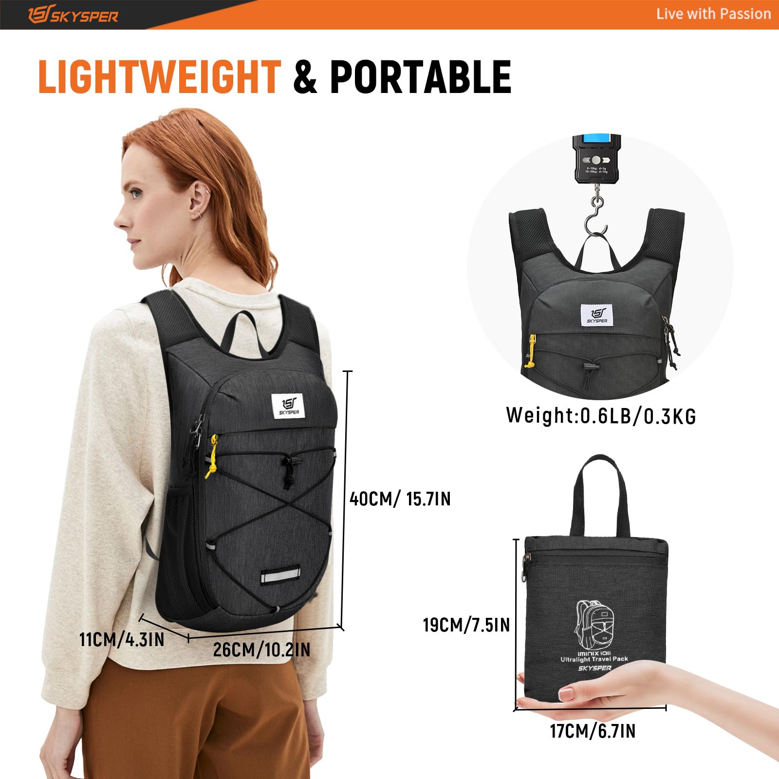 SKYSPER Foldable Hiking Backpack - 10L/15L Small Lightweight Daypack Breathable Travel Backpacks
