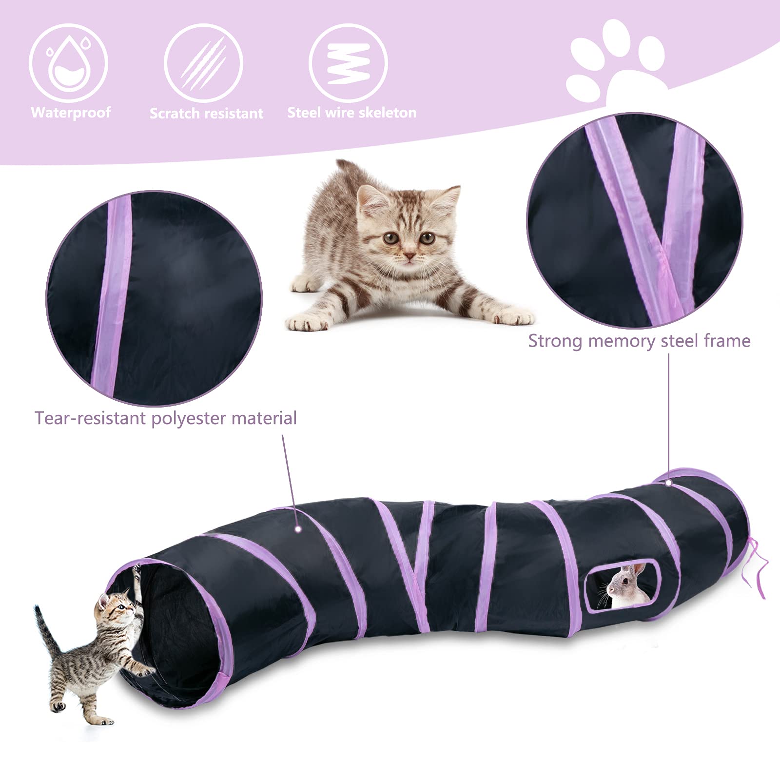 Sheldamy Cat Tunnel, 2-Way Collapsible Play Tunnel, Interactive Toy Maze for Small Animals, Suitable for Kittens, Puppies, Rabbits, Ferrets, Blue & Black