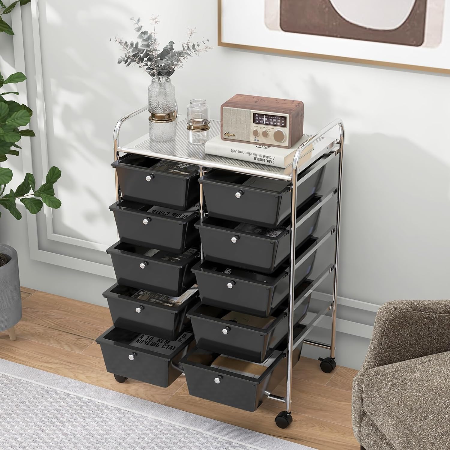 LDAILY 9 Drawer Rolling Storage Cart, Rolling Cart with Drawers for Classroom, Art Supply Craft Organizer on Wheel with Metal Frame & Handles for Home Office School