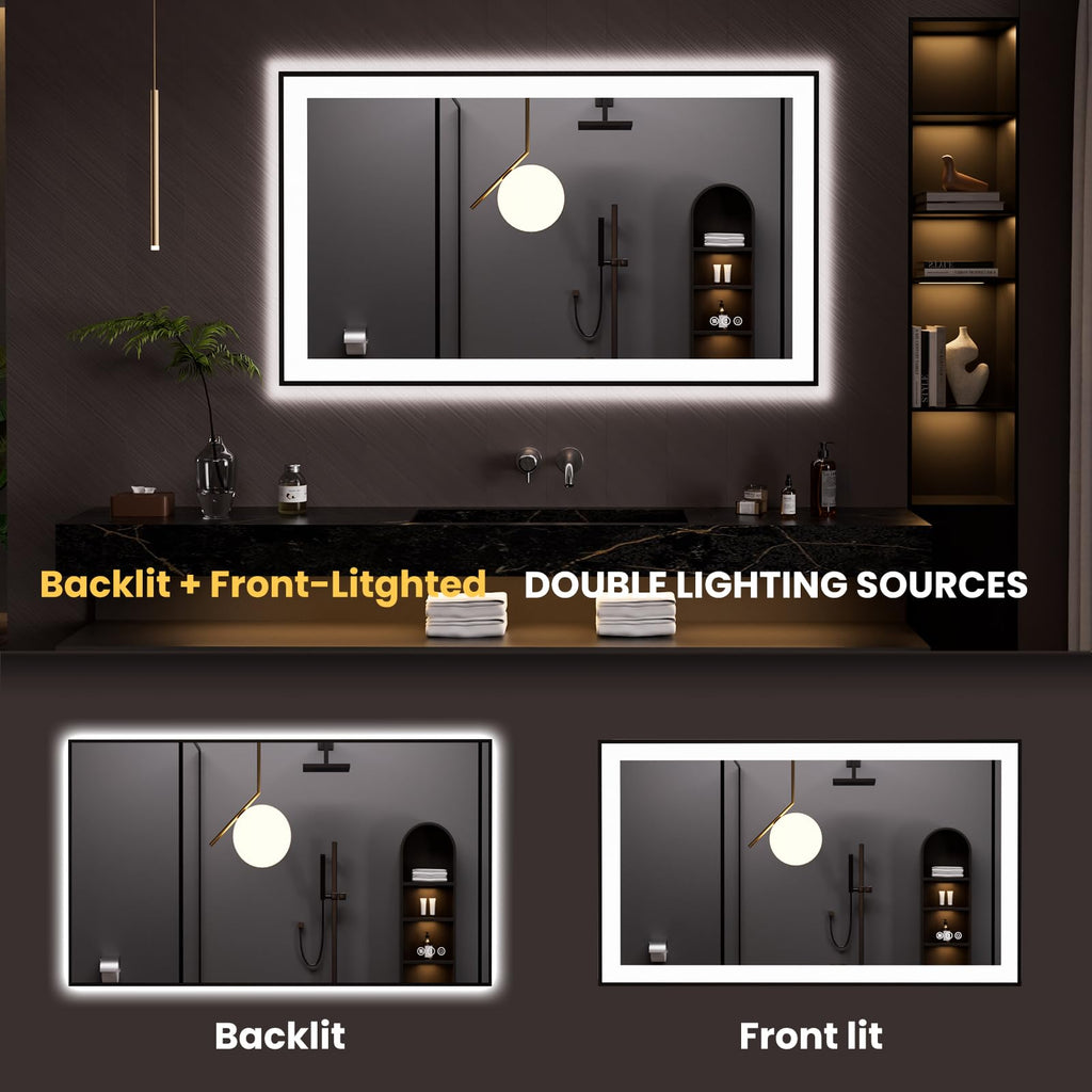 LOAAO 20"X28" LED Bathroom Mirror Black Framed | Anti-Fog, Dimmable, Memory Function, Tempered Glass, Lighted Vanity Mirror for Wall