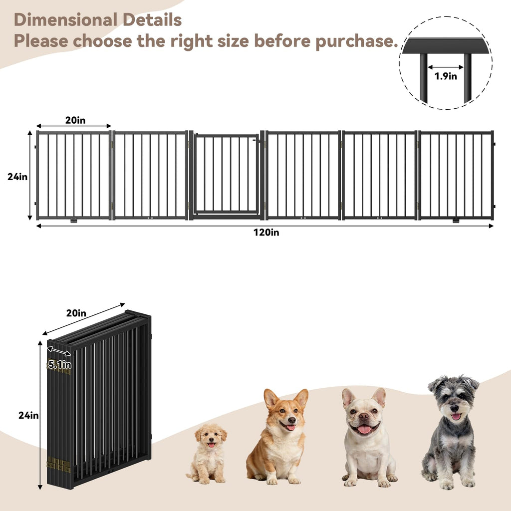 SNUOWU Full Metal Freestanding Dog Gate with Door, 24'' Height Foldable Pet Dog Fence for Indoor & Outdoor, 2 Panels Extra Wide Free Standing SmallDog Gates for Doorways,House,Stairs,Porch,Deck,Yard