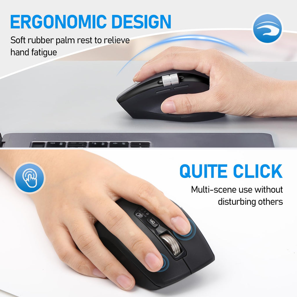 INFINMIND Wireless Bluetooth Side Scroll Mouse with Multi-Device, Ergonomic Computer Mice with Smart Flying Scroll, Quiet Click 4-Level DPI for Computer, Laptop, iPad, Tablet, MacBook (Black)