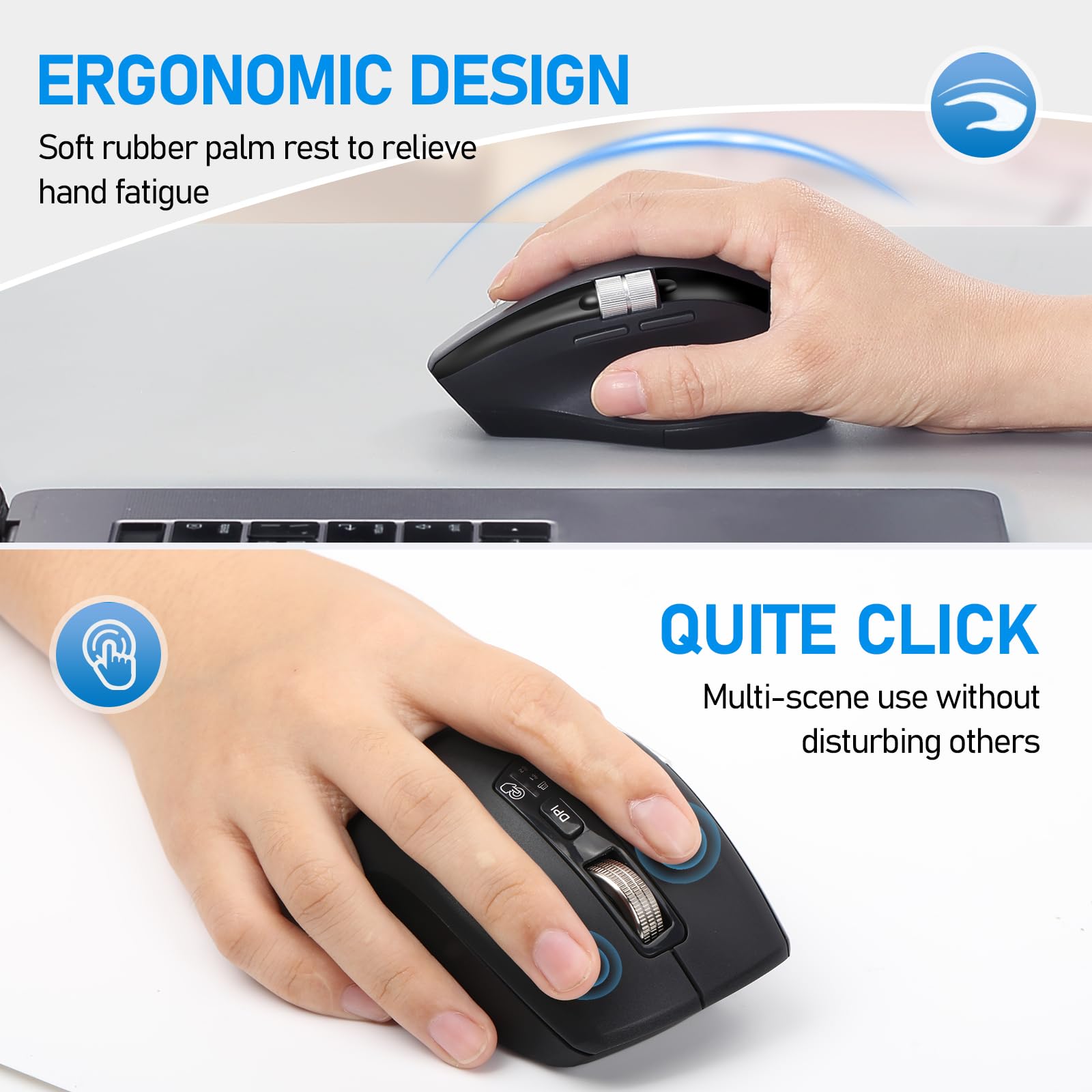 INFINMIND Wireless Bluetooth Side Scroll Mouse with Multi-Device, Ergonomic Computer Mice with Smart Flying Scroll, Quiet Click 4-Level DPI for Computer, Laptop, iPad, Tablet, MacBook (Black)