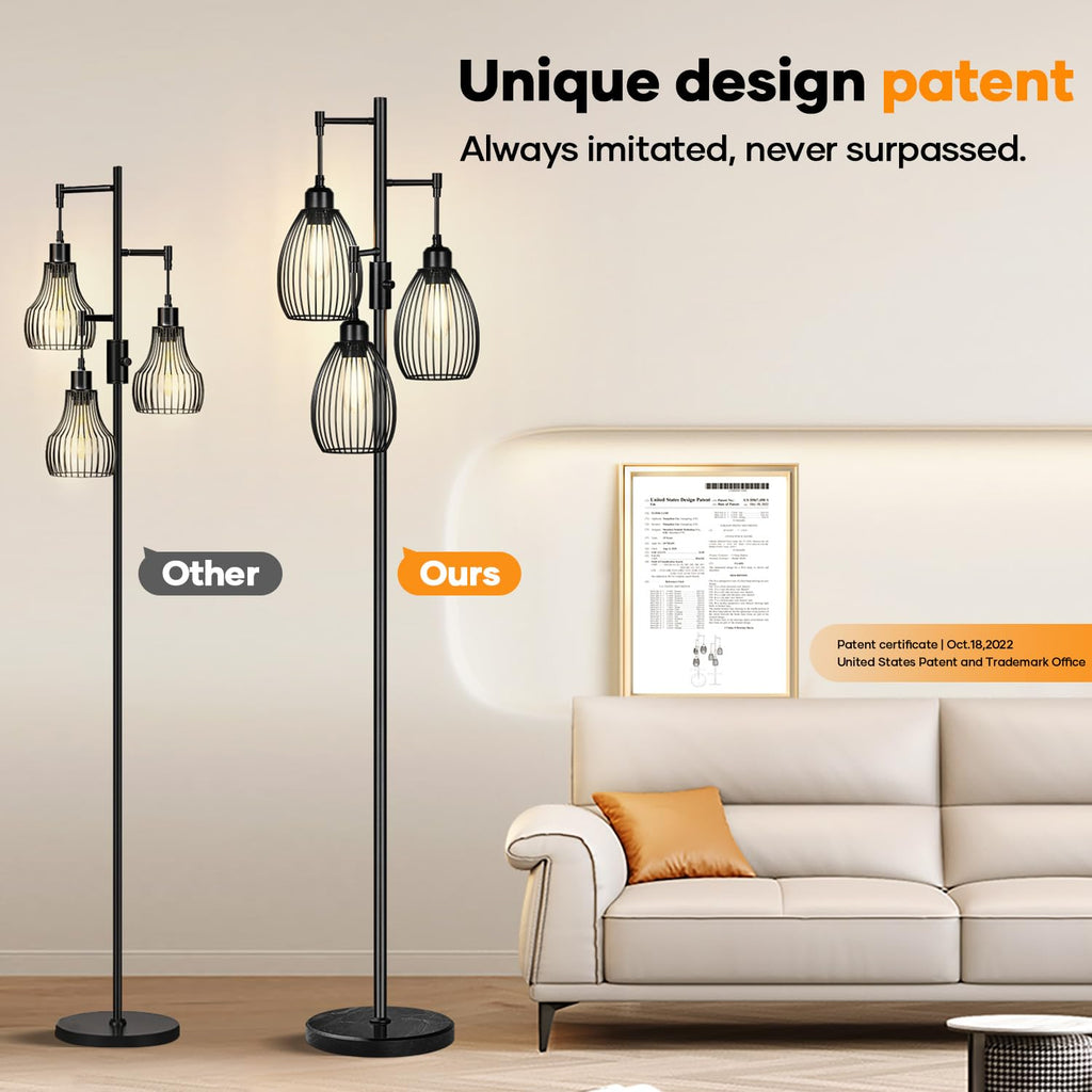 Dimmable Floor Lamp, 3 x 800LM LED Edison Bulbs Included, Farmhouse Industrial Floor Lamp Standing Tree Lamp with Elegant Teardrop Cage Tall Lamps for Living Room Bedroom Office Dining Room-Brass
