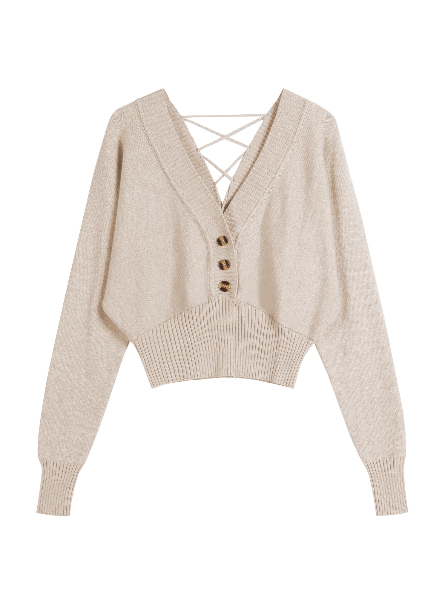ZAFUL Women V Neck Button Knit Crop Sweaters Batwing Sleeve V Back Ribbed Hem Pullover Sweater