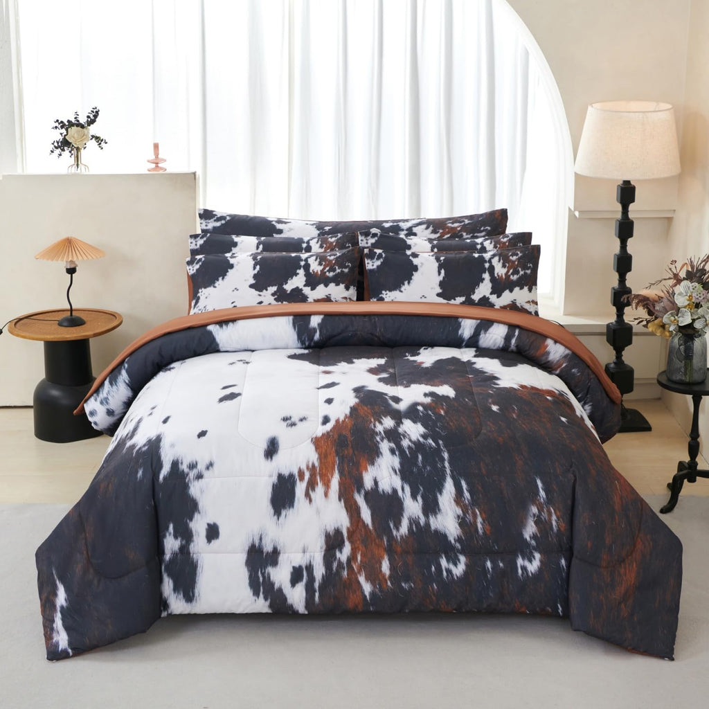 SUCSES Full Size Comforter Set with Sheets 8 Piece Cow Print Bedding Set for Boys Girls Black and White Kids Bed-in-A-Bag Farmhouse Rustic Bed Set for Bedroom (Milk Cow, Full)