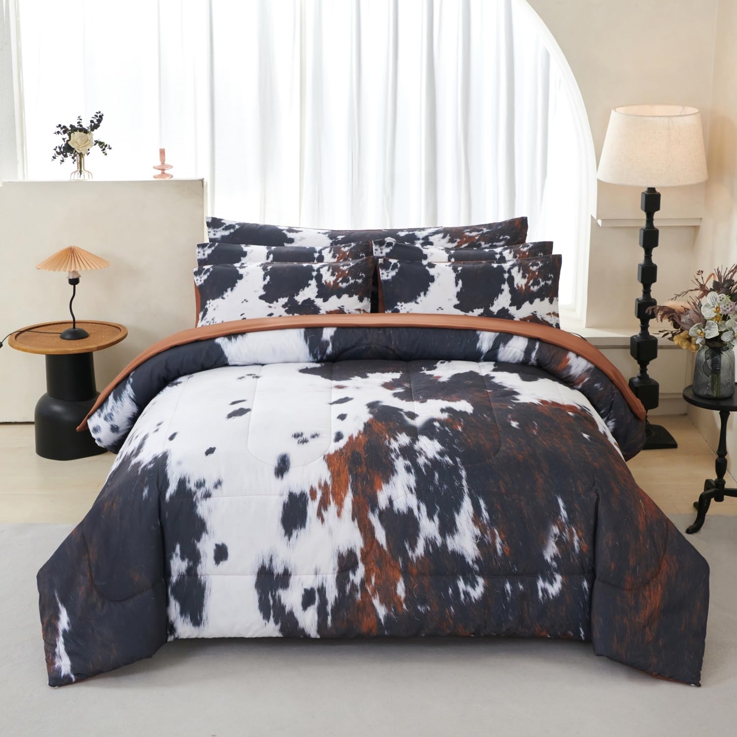 SUCSES Full Size Comforter Set with Sheets 8 Piece Cow Print Bedding Set for Boys Girls Black and White Kids Bed-in-A-Bag Farmhouse Rustic Bed Set for Bedroom (Milk Cow, Full)