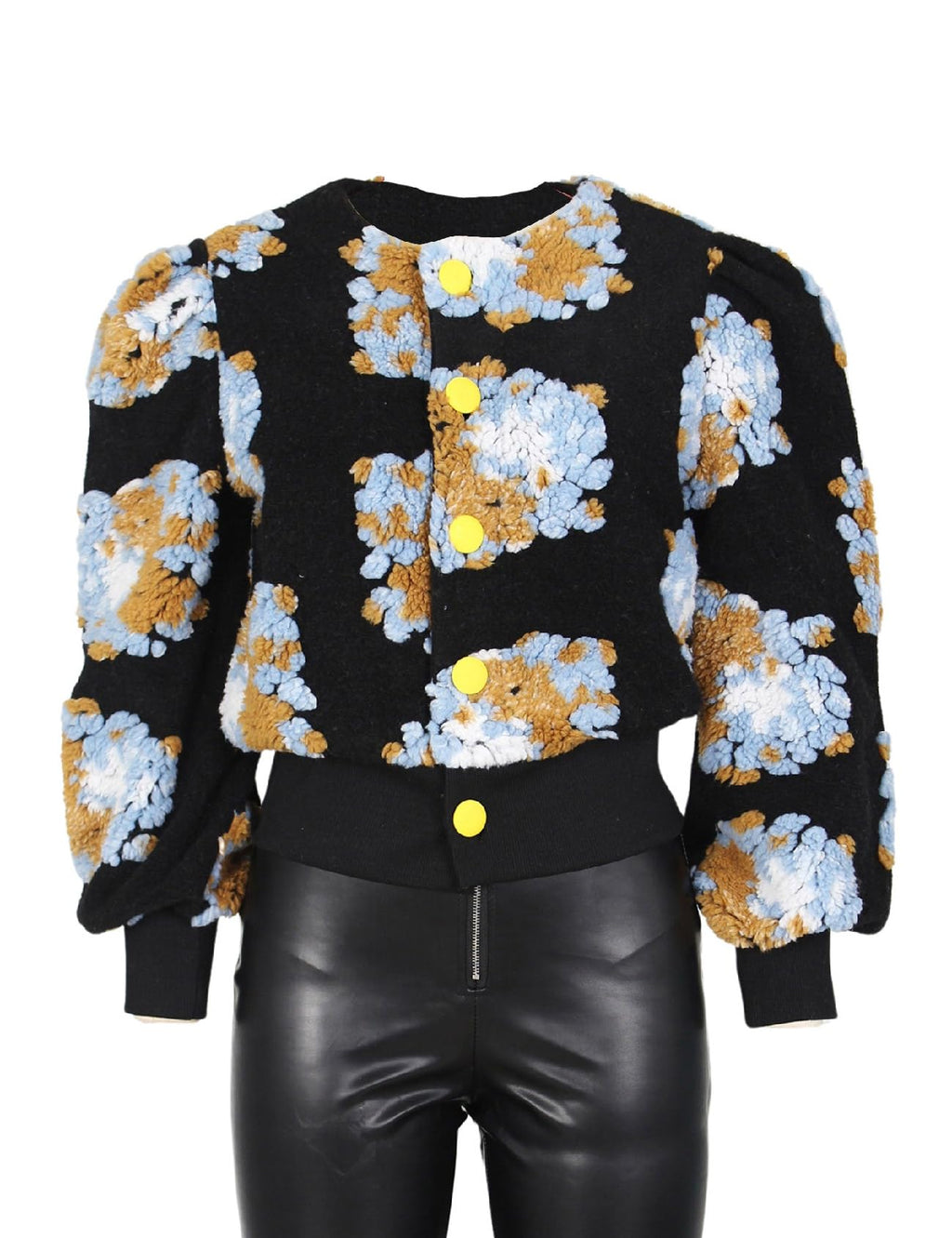 Womens Cropped Floral Print Jacket Warm Fleece Bomber Jacket Casual Button Down Coats Fall Puff Outerwears