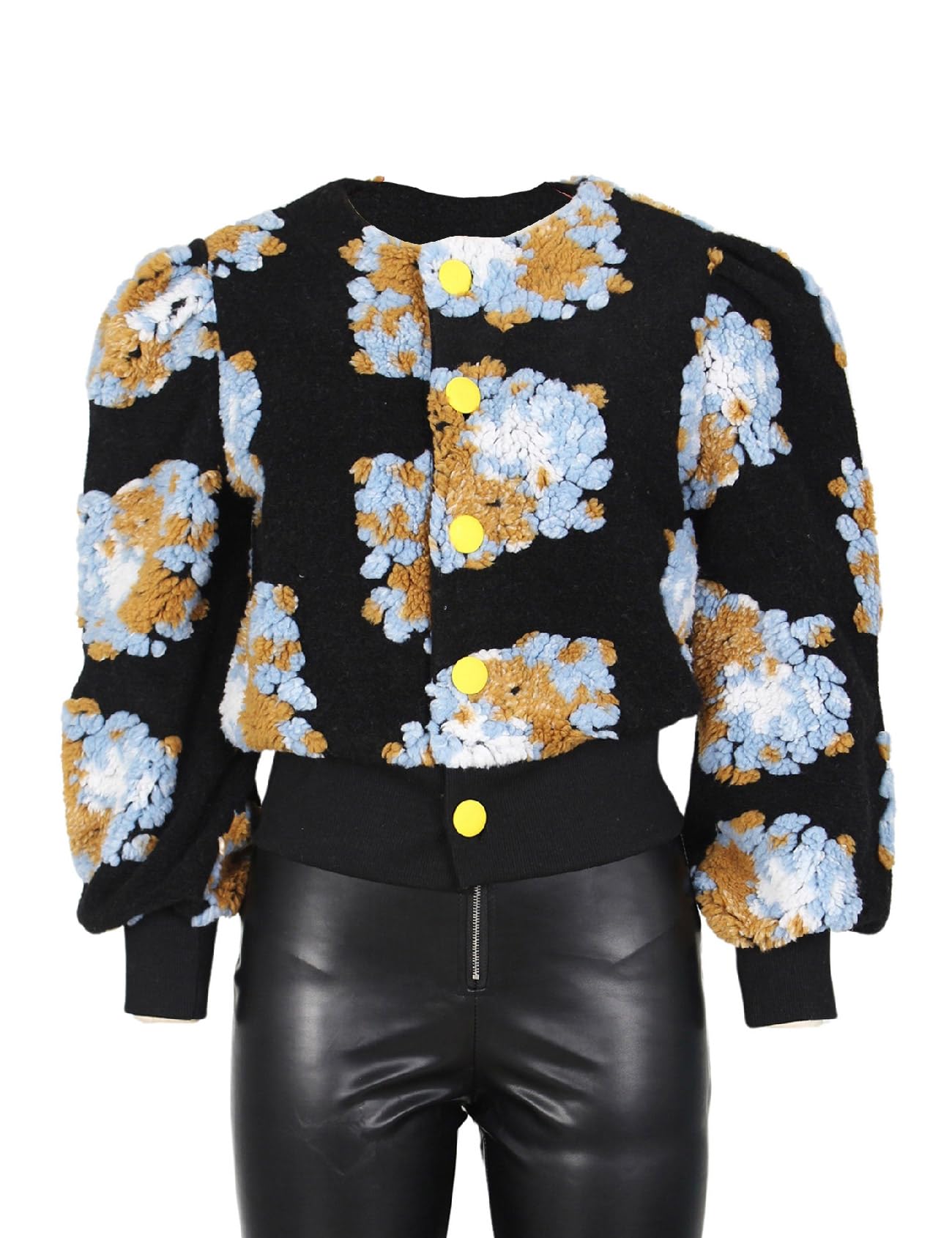 Womens Cropped Floral Print Jacket Warm Fleece Bomber Jacket Casual Button Down Coats Fall Puff Outerwears