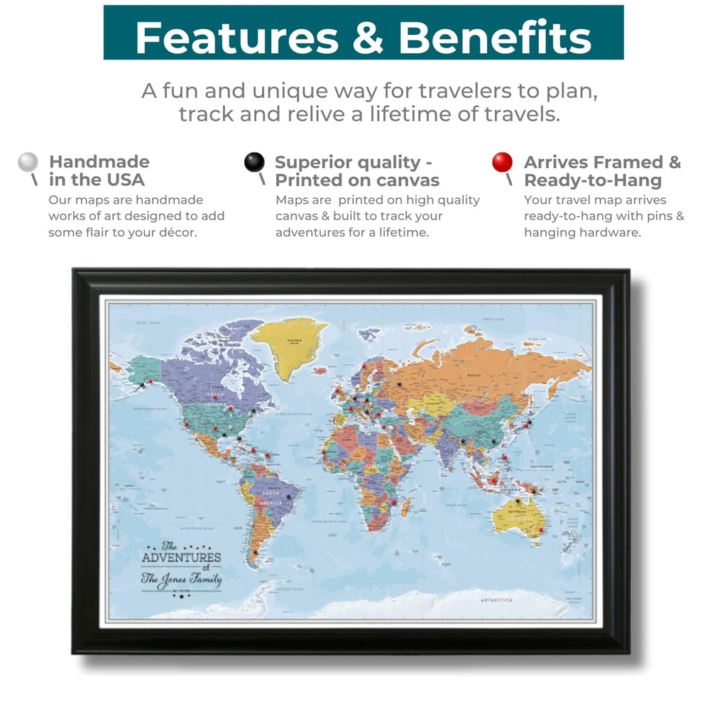 Personalized Canvas Rolled Poster World Map Wall Art with Pins – Large 24" x 36" Blue Oceans Map of the World – Push Pin Travel Decor for Home or Office