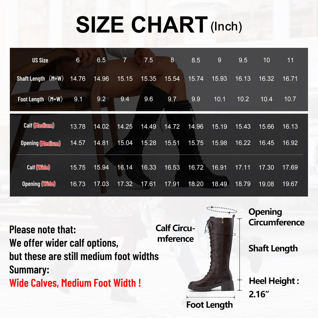 Jeossy Women's Knee High Combat 9603 Boots, Tall Platform Chunky Heel Boots Wide Claf