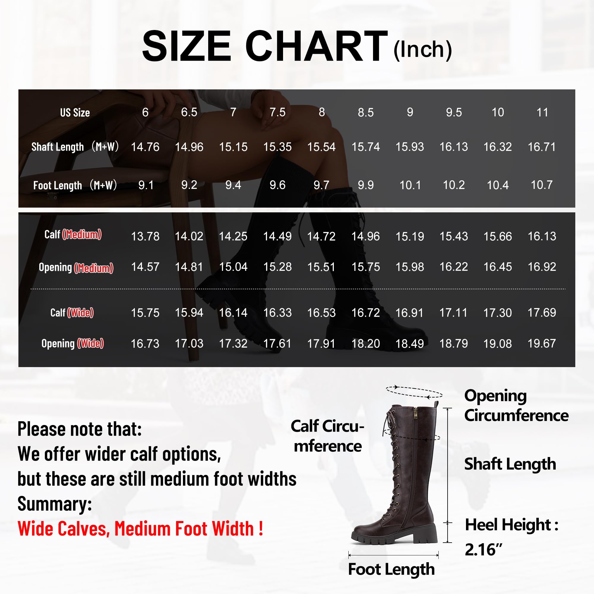 Jeossy Women's Knee High Combat 9603 Boots, Tall Platform Chunky Heel Boots Wide Claf