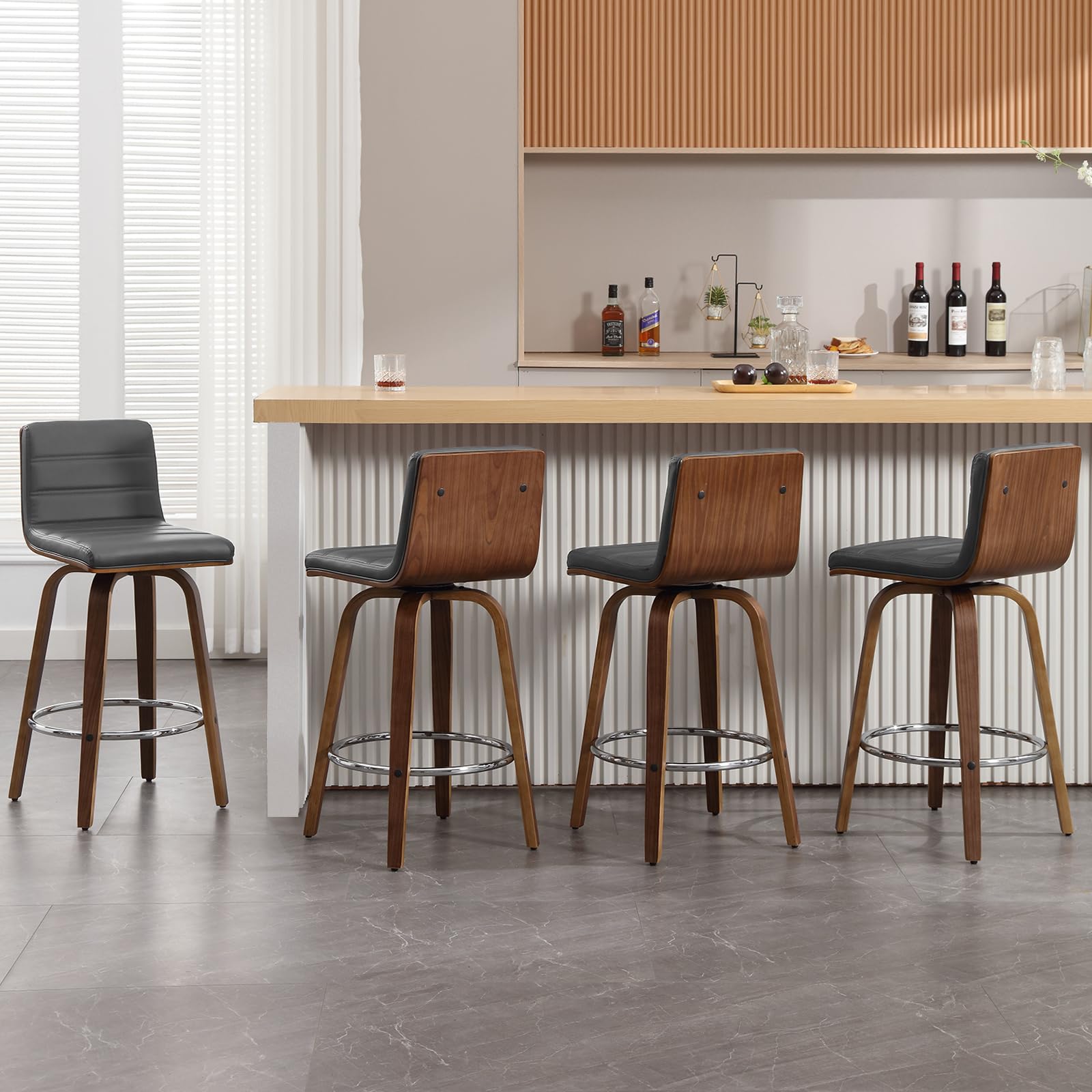 Bar Stools 29 Inch Bar Height, Swivel Bar Stools with Backs Upholstered PU Leather Barstool, L Shape Back and Padded Seat, Mid-Century Modern Bar Stool Pub Chairs for Kitchen Counter Island, Black