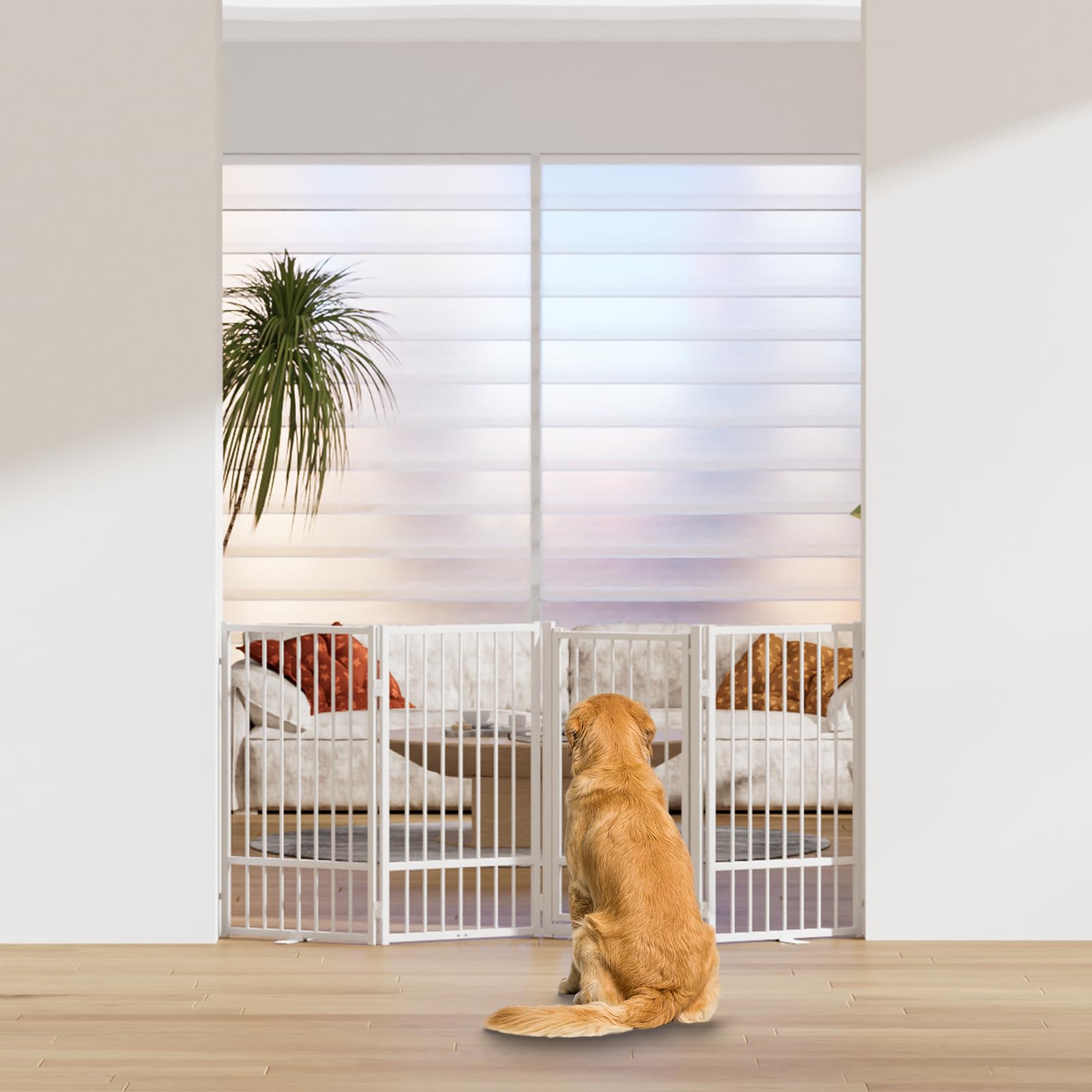 SNUOWU Full Metal Freestanding Dog Gate with Door, 24'' Height Foldable Pet Dog Fence for Indoor & Outdoor, 2 Panels Extra Wide Free Standing SmallDog Gates for Doorways,House,Stairs,Porch,Deck,Yard