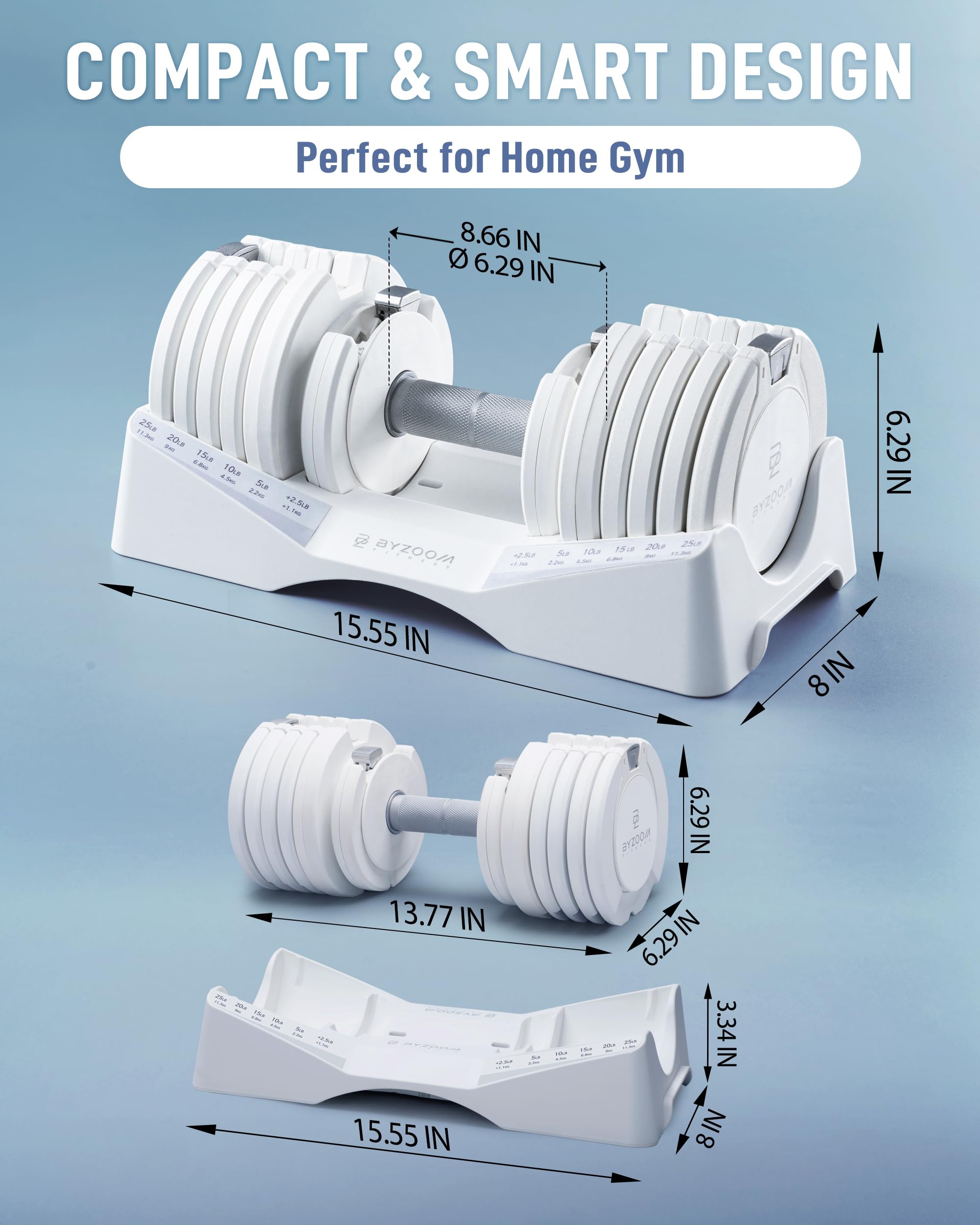 BYZOOM FITNESS Pure Series Adjustable Dumbbell - 12.5/25/27.5/50/55/75lb - ONE UNIT OR PAIR(check QTY before purchase) - 5-in-1/ 10-in-1 / 15-in-1 / 21-in-1 Flexible Hand Weights for Home Apartment Garage Gym, Strength Training & Fitness Workouts, White O