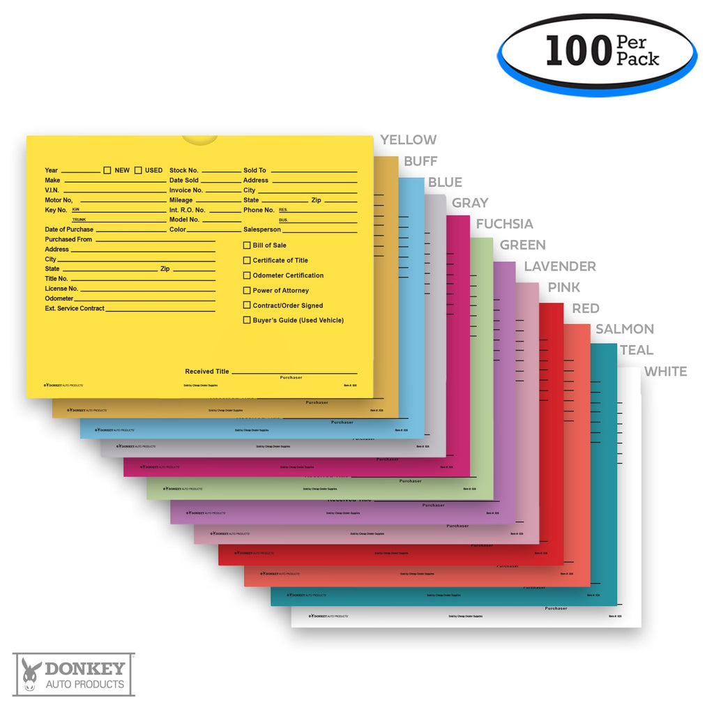 Printed Vehicle Deal Envelopes 9x12 Deal Jackets (100 shrink wrapped) (Blue)