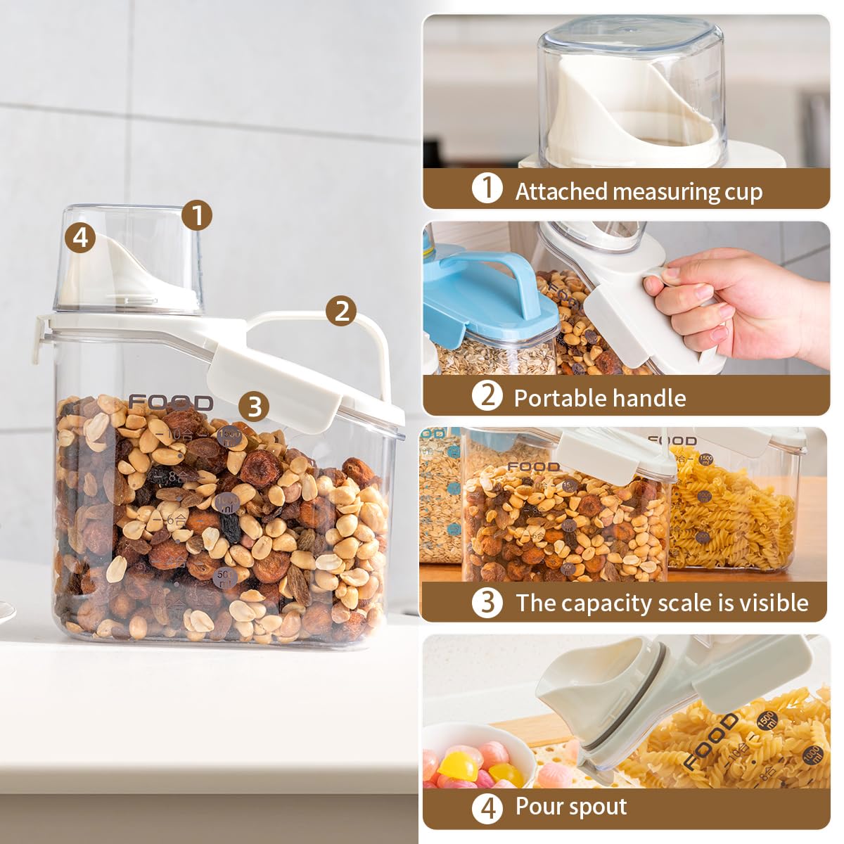 LANGMINGDE 1 Piece Cereal Containers Storage, 2.8L/95oz Airtight Large Dry Food Storage Containers with Pouring Spout Measuring Cup for Snacks Grain Rice,BPA Free Dispenser Plastic Bin, 1PC