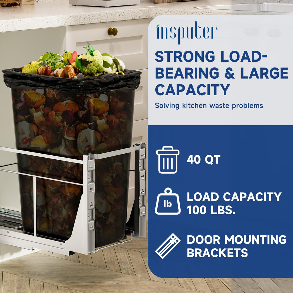 Insputer Pull Out Trash Can Under Cabinet with Push to Open Slides, Heavy Duty Under Sink Garbage Can Kit for Kitchen, Laundry, Not Included Bin, Requires 15" W X 18" D Cabinet (Grey)
