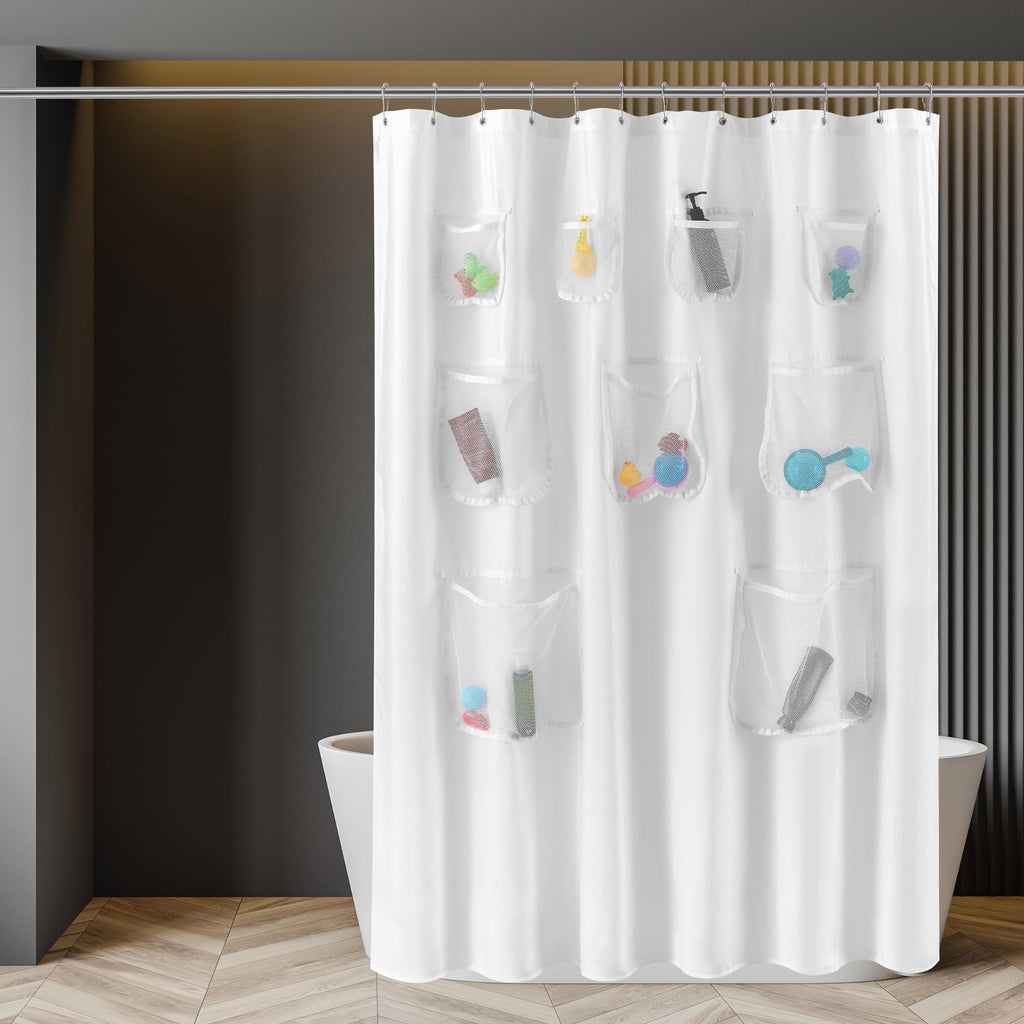 N&Y HOME Waterproof Fabric Shower Curtain or Liner with 9 Mesh Pockets - Black, 71x72 Inches