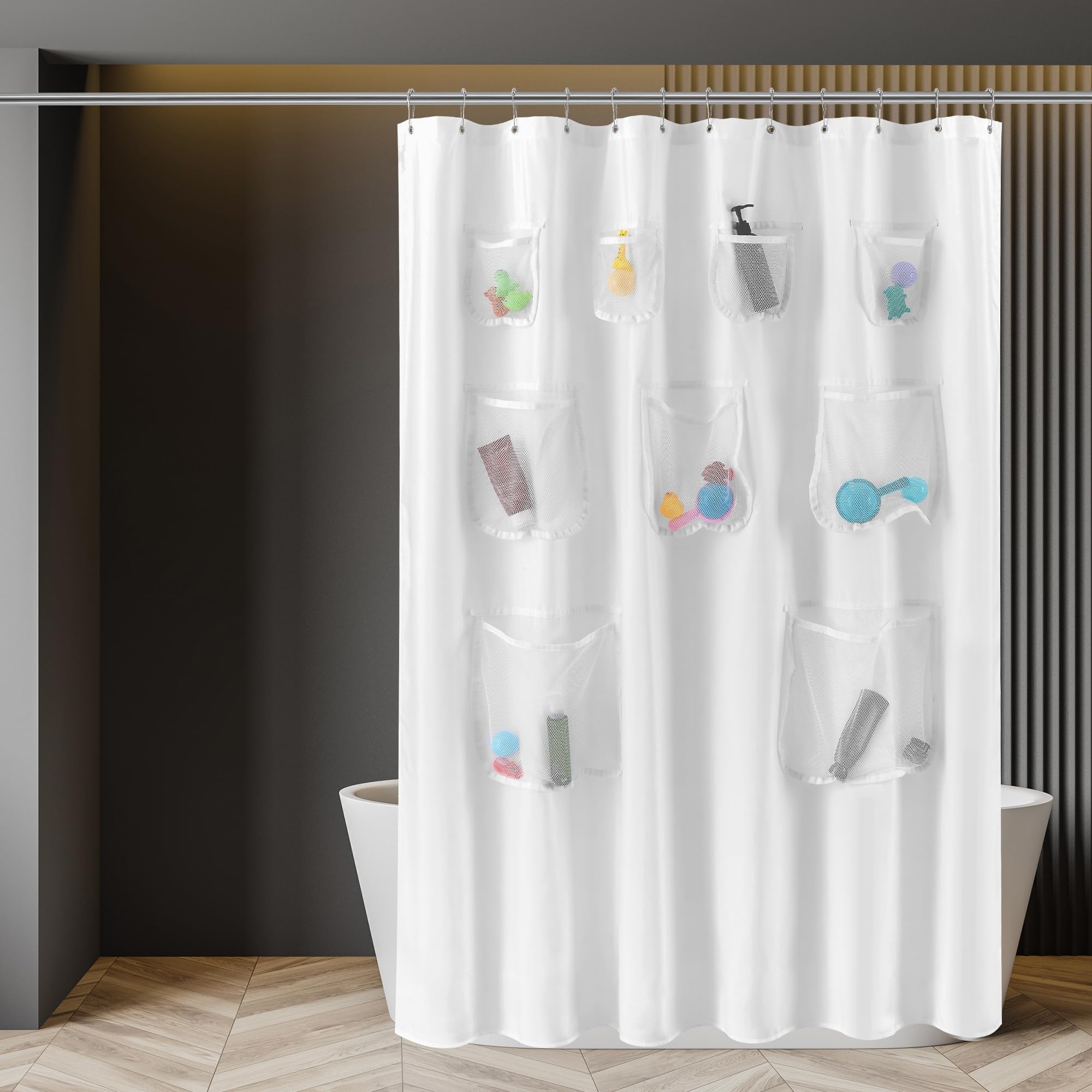 N&Y HOME Waterproof Fabric Shower Curtain or Liner with 9 Mesh Pockets - Black, 71x72 Inches