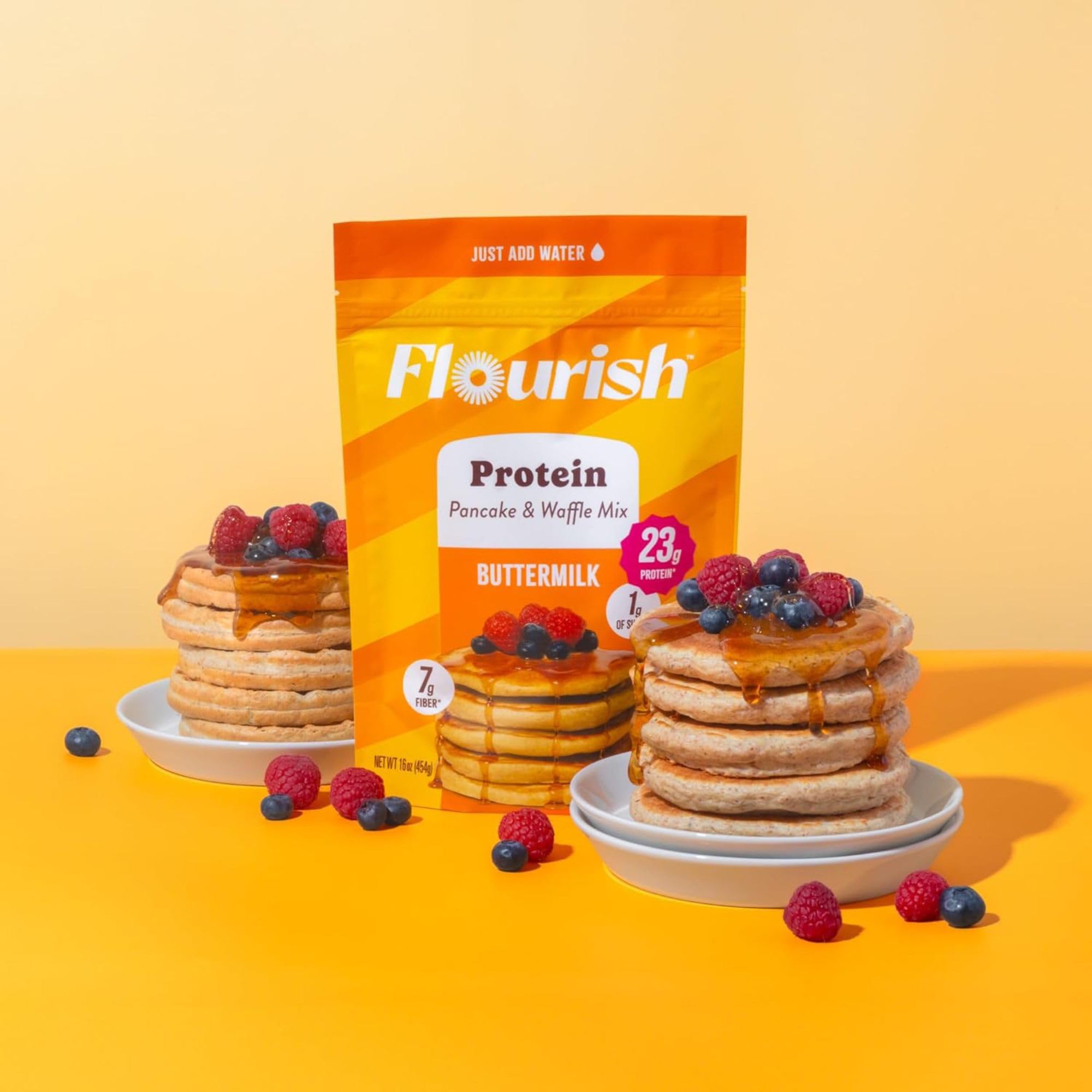 Flourish Protein Pancake & Waffle Mix, with Whey Protein & Flax Seed, No Added Sugar, High in Protein & Fiber - Just Add Water - Birthday Cake Flavour 16oz (2 pack)