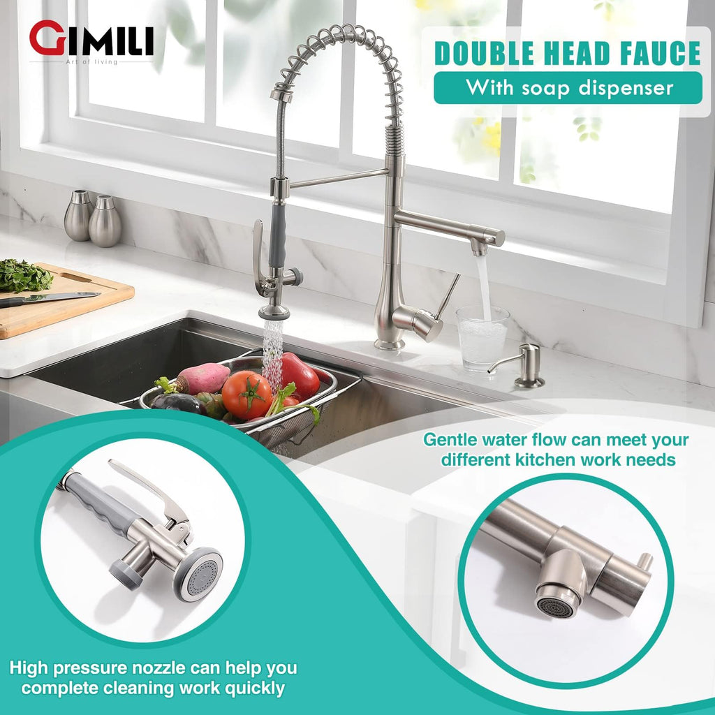 GIMILI Black and Gold Kitchen Faucet with Pull Down Sprayer Single Handle High Pressure Kitchen Sink Faucet Commercial Double-Headed Stainless Steel Kitchen Faucets