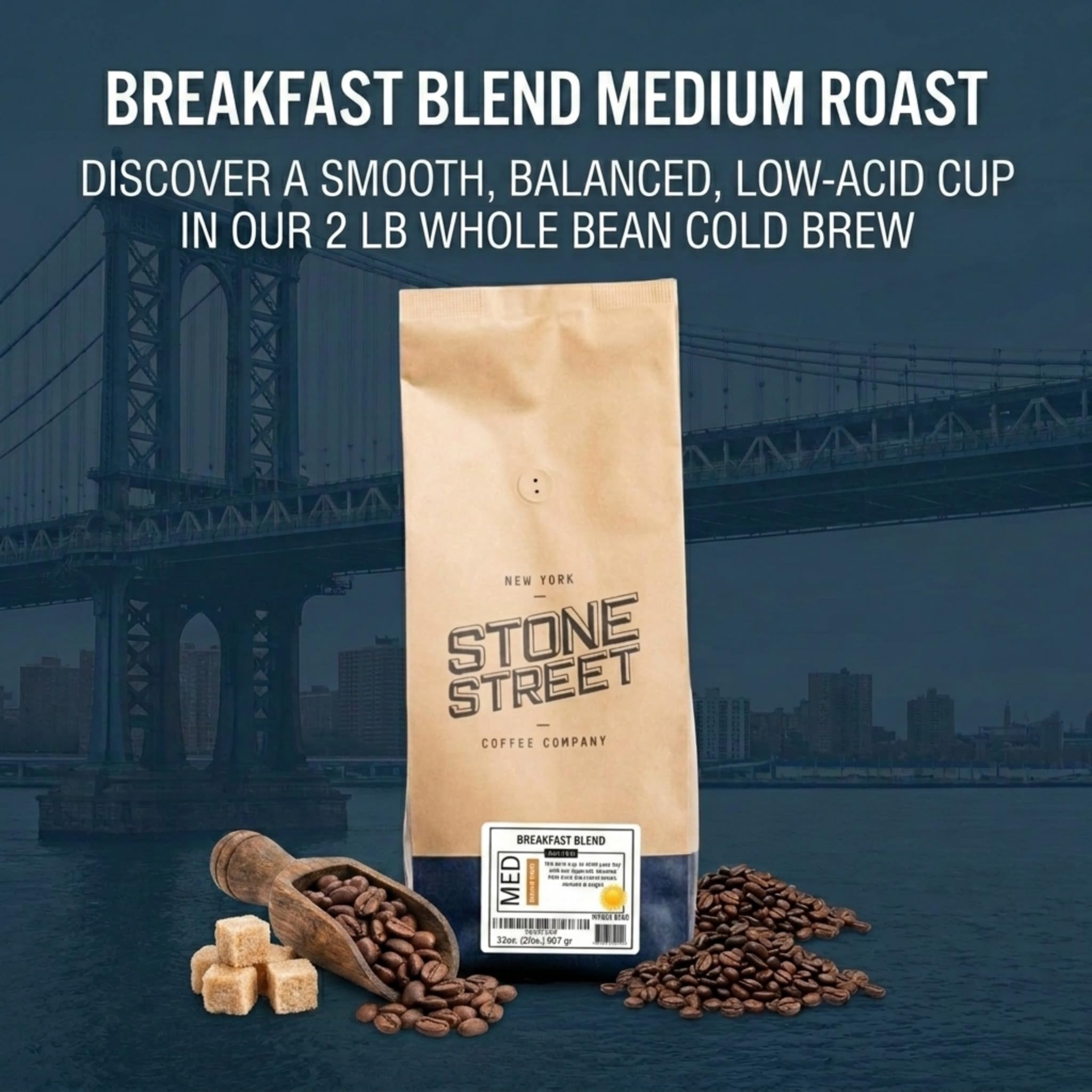 Stone Street Cold Brew Coffee, Low Acid, 100% Arabica, Gourmet Coffee - Breakfast Blend, Medium Roast, Coarse Ground, 2 LB