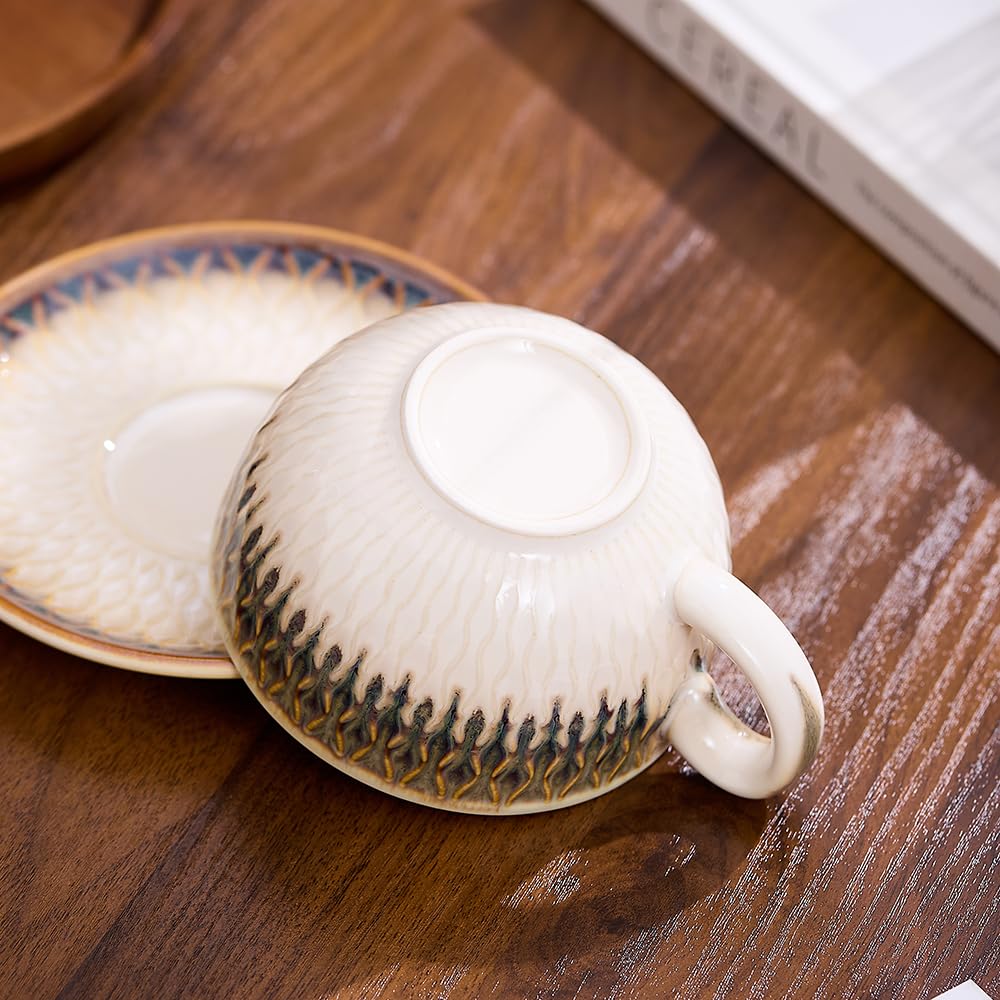 Coffeezone Vintage Design 12 oz Ceramic Latte Art Cappuccino Barista Cup with Saucer (Beige)