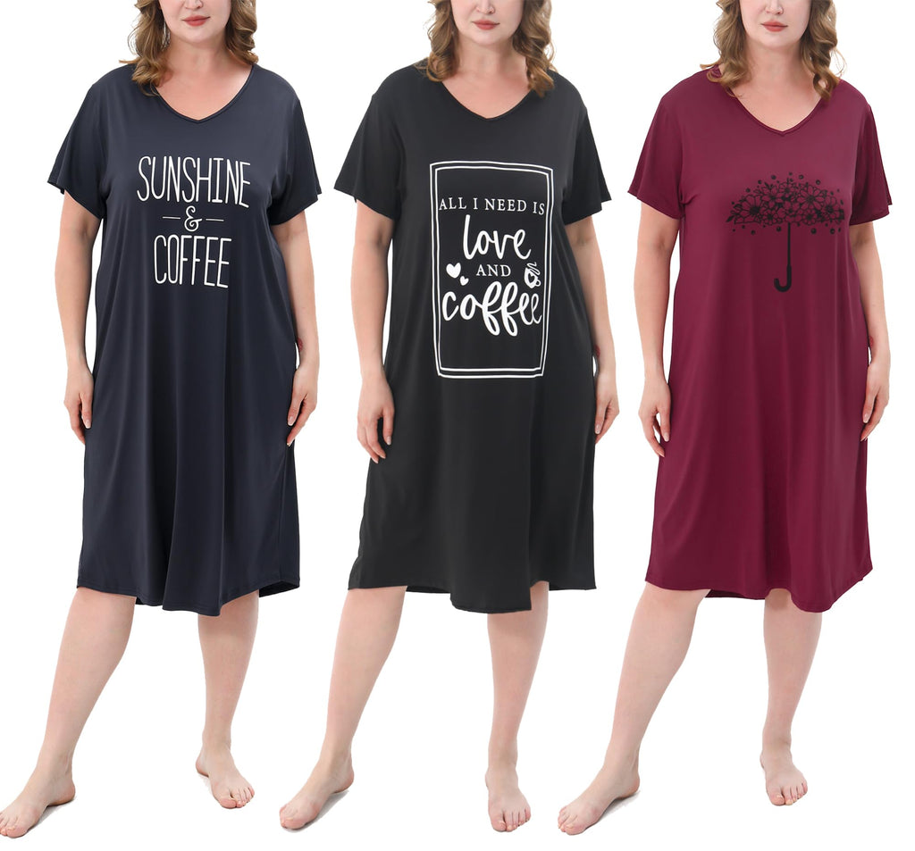 3 Pack Plus Size Women's Nightgown Soft Print Nightshirts for Women Short Sleeve Sleepwear