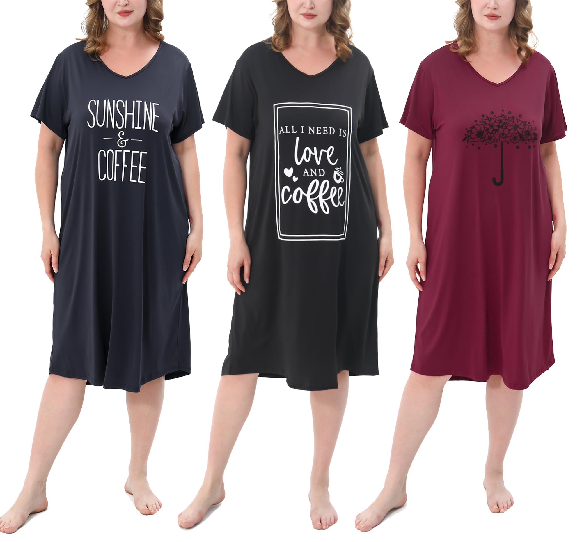 3 Pack Plus Size Women's Nightgown Soft Print Nightshirts for Women Short Sleeve Sleepwear