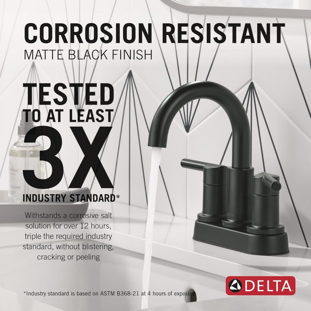 Delta Nicoli Centerset Matte Black Bathroom Faucet, 4 Inch 3 Hole Bathroom Sink Faucet for Vanity, Push-Pop Drain Assembly, Matte Black 25749LF-BL