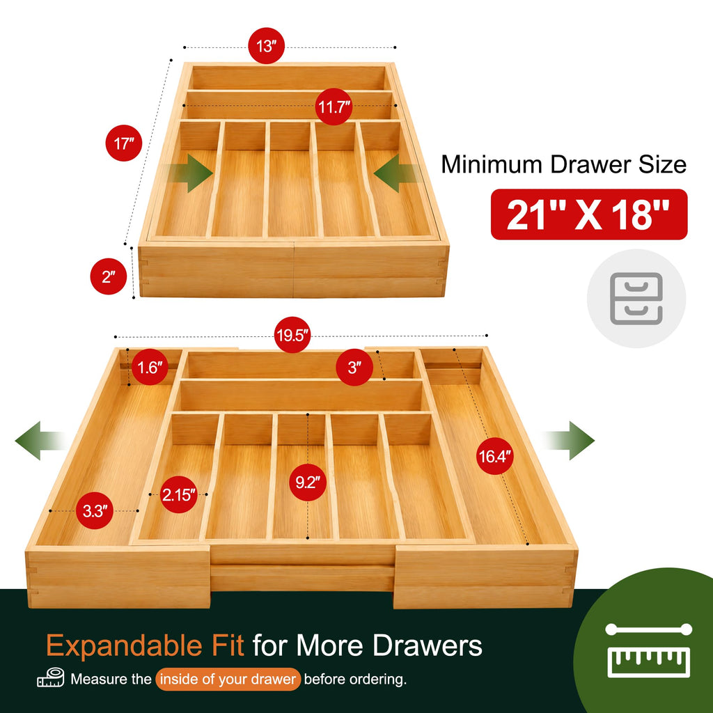 Expandable Acacia Kitchen Drawer Organizer for Cutlery and Utensils, Adjustable Acacia Wood Cutlery Tray in Drawer for Flatware and Silverware in Kitchen