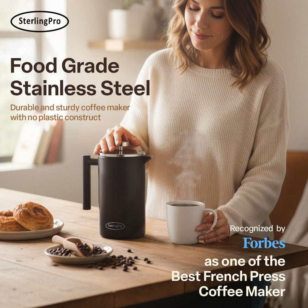 SterlingPro Stainless Steel French Press Coffee Maker 1 L (34 oz) Black – Double Walled Insulated Large Coffee Press, Durable Design Keeps Drinks Hot, Easy to Use and Clean for Rich Flavor Brewing