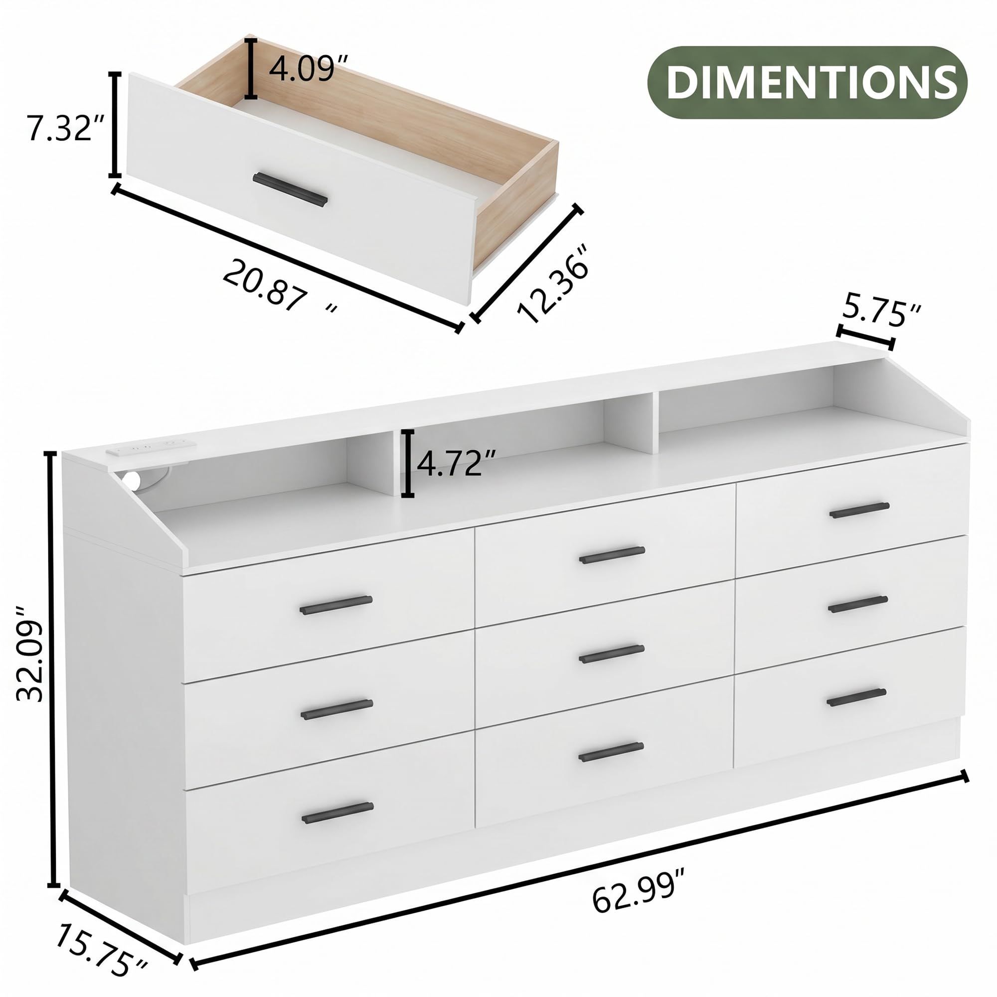 Gyfimoie 9 Drawers Dresser for Bedroom with Power Outlet, Chest of Drawers with LED Light, Modern Dressers with Open Storage Cubby, Triple Wide Dressers Organizer for Living Room (Black-)