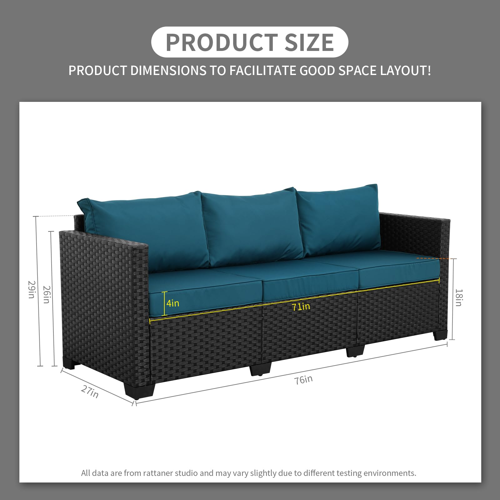 Rattaner Outdoor Furniture Outdoor Couch Patio Furniture 3-seat Sofa Deep Seat High Backrest with Waterproof Cover and Anti-Slip Cushions, Light Grey