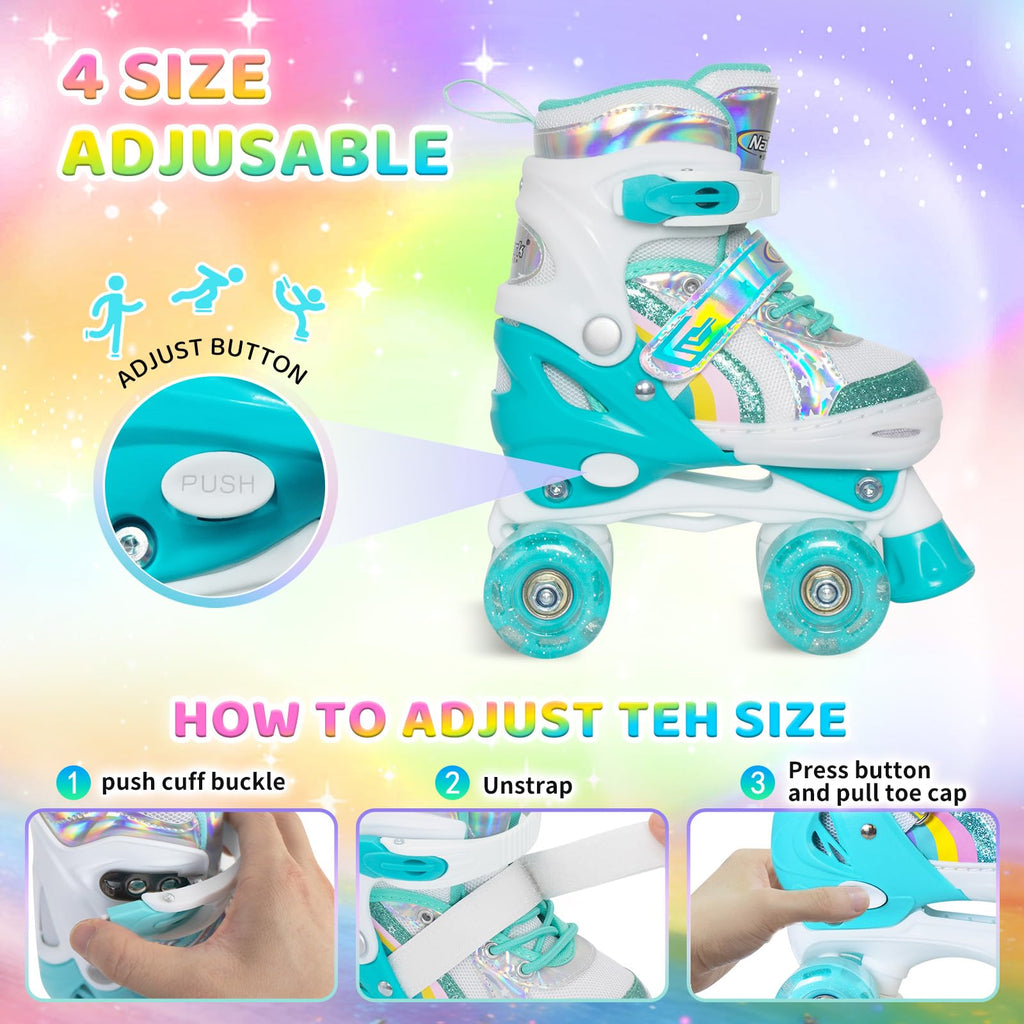 Nattork Girls Roller Skates for Kids, 4 Size Adjustable Rainbow Quad Skates with All Light Up Wheels - Best Birthday Gift for Outdoor Sports