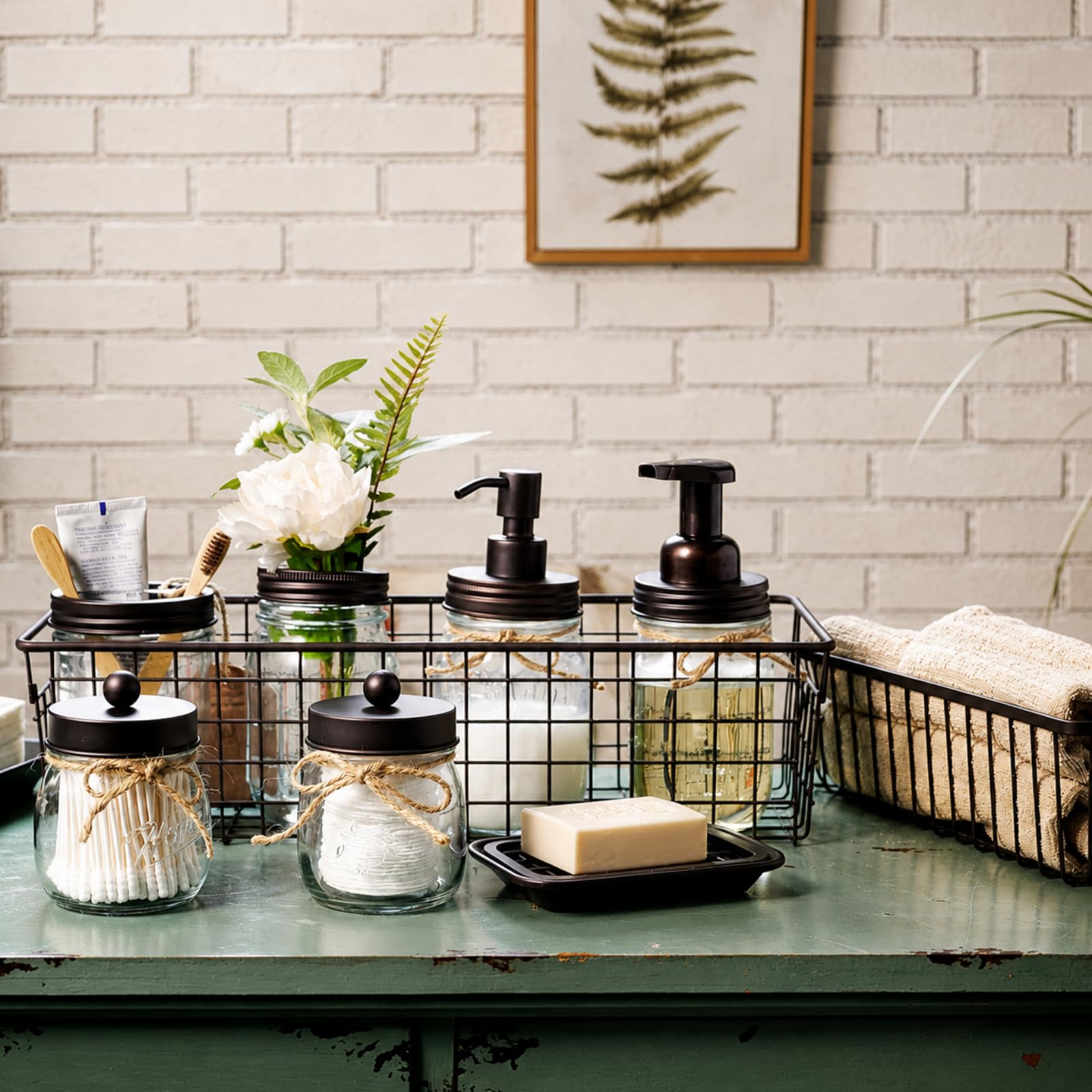 SheeChung 6Pcs Mason Jars Bathroom Accessories Set Complete - Toothbrush Holder, Lotion Soap Dispenser, 2 Mason Jars, Soap Dish, Toilet Paper Basket, Rustic Farmhouse Decor (Black, 6Pcs Bathroom Set)